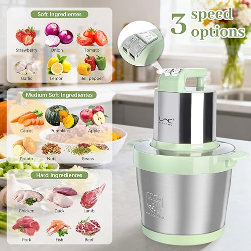 Miniatura 3 de Procesadores de alimentos de gran capacidad para 24 tazas, picadora de carne y verduras con cuenco de acero inoxidable, 3 velocidades, 4 cuchillas
