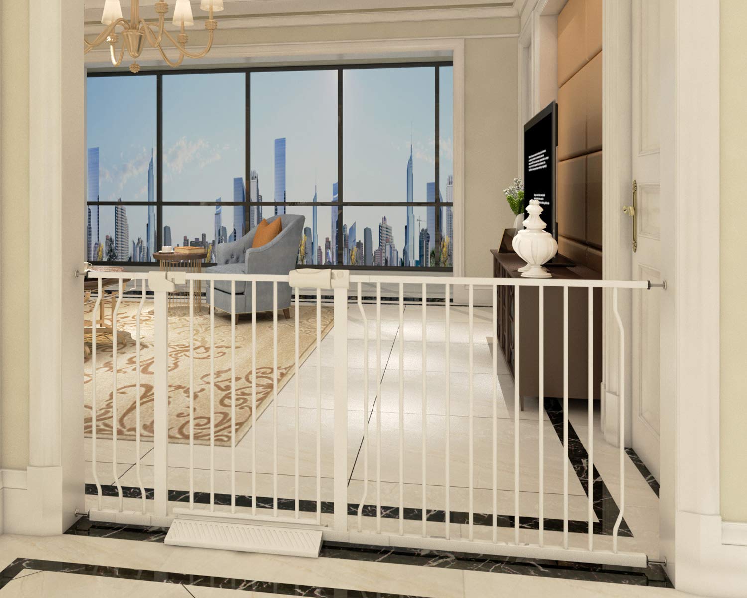 Extra Wide Baby Gate Extra Tall Dog Gate for Stairs Doorways White Metal Tension Child Pet Safety Gates with Pressure Mount 62-67 Inch