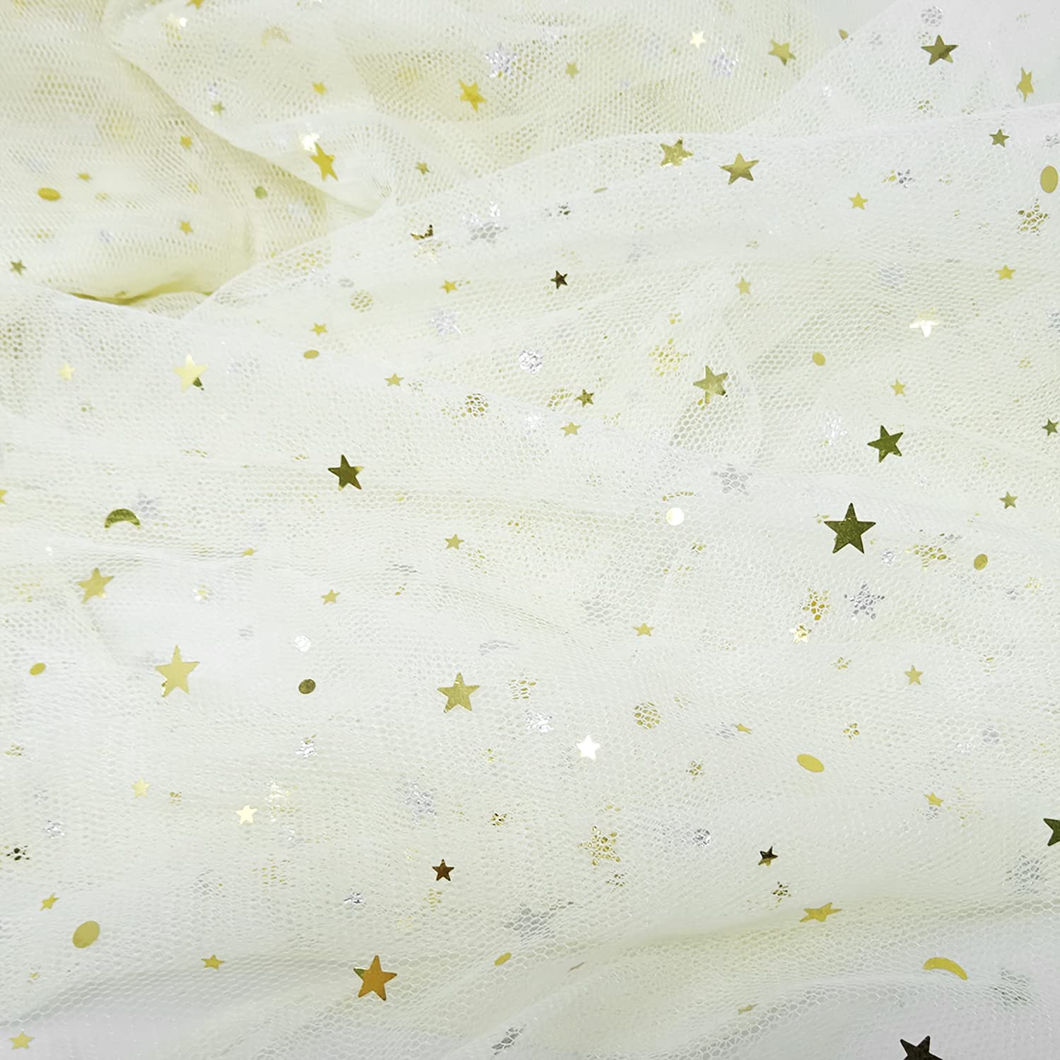 Honbay 5.5x1.7Yards Glitter Star Moon Sequin Tulle Net Yarn for Background Decoration or DIY Crafts Making (White) (Beige)