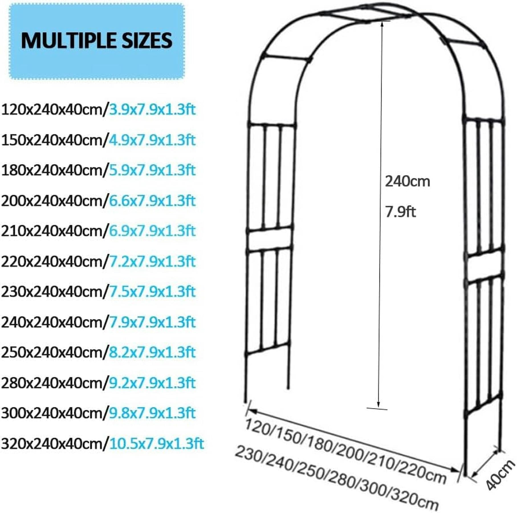 240cm Arche de Jardin pour Roses en Métal, Largeur 120-320cm, Arche Noire des Arcs en Acier Inoxydable Plantes, Montage Facile (Dimensions : 210 x 240 cm)