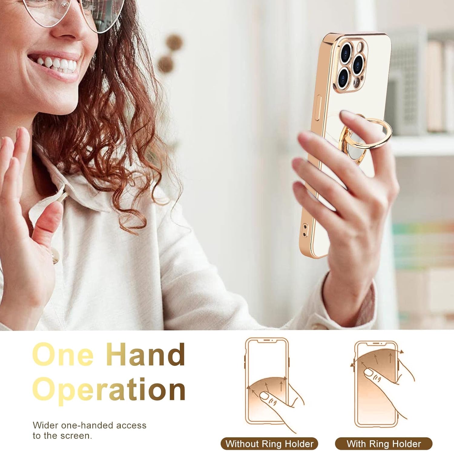 for iPhone 15 Pro Max Case with Stand 360° Rotatable Ring Holder [Magnetic Kickstand] Luxury Gold Plating for Women Men Soft TPU Shockproof Protective Phone Case for iPhone 15 Pro Max, White - Image 6