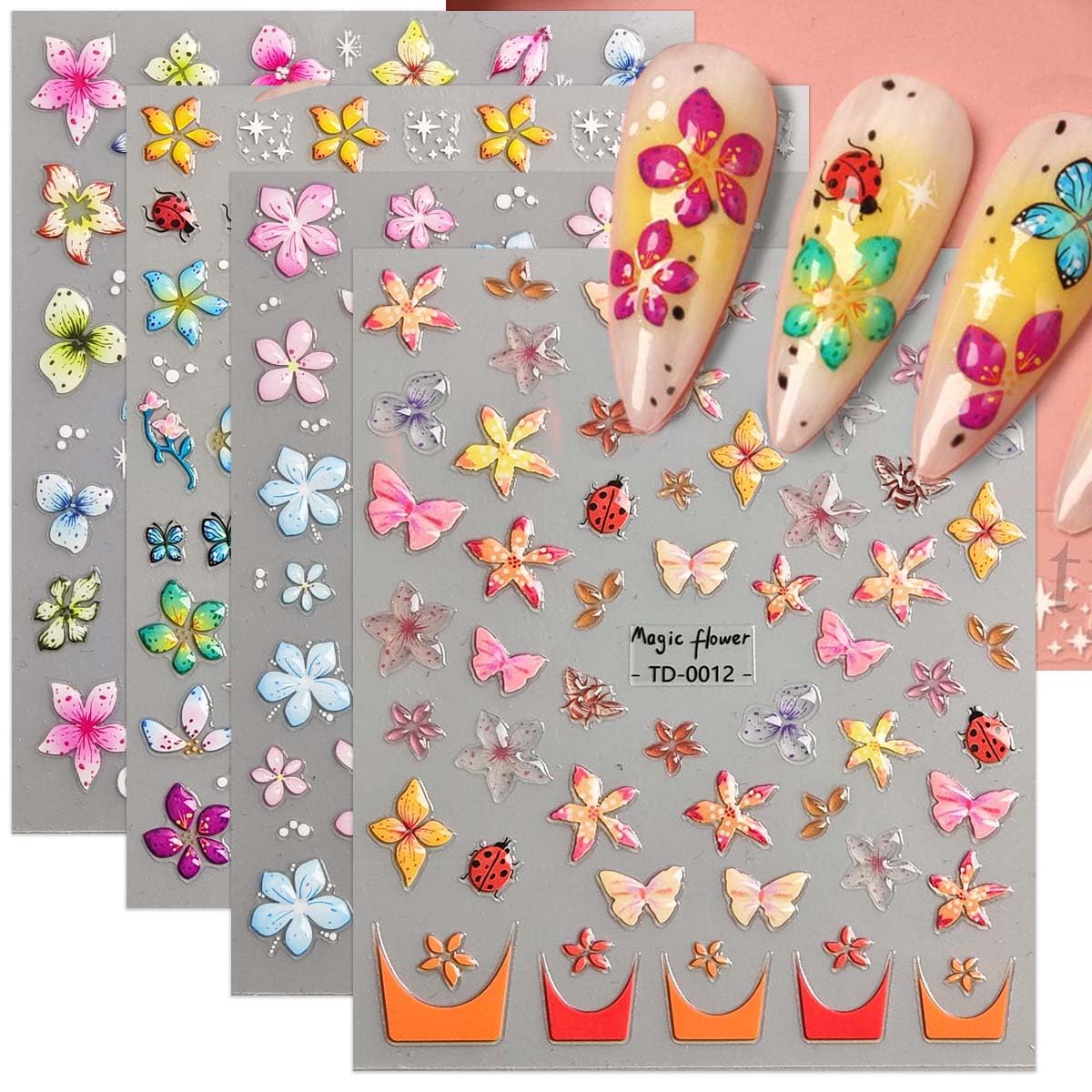 Photo 1 of 4 Sheets 5D Embossed Flower Nail Stickers Butterfly Nail Art Stickers Spring Summer Nail Decals Cute Stickers for Nails Self Adhesive Nail Art Supplies & Decorations for Women Girls