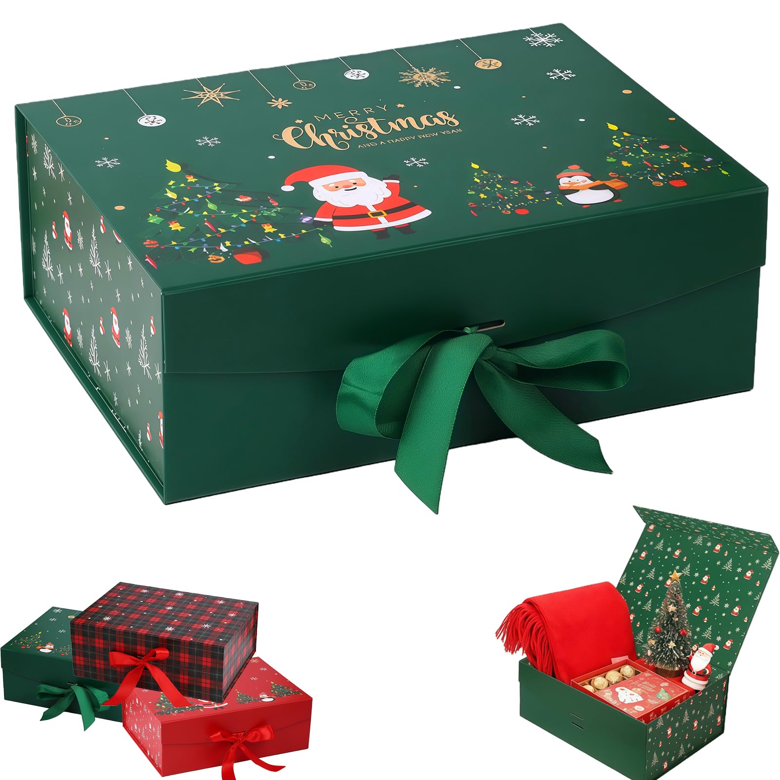 Large Gift Box with Lids Christmas 24x17.5x10.5cm,Green Santa Christmas Eve Box for Kids Adults Present Boxes with Ribbon Card Large Reusable Luxury Storage Box for Xmas Holiday Gifts Packaging