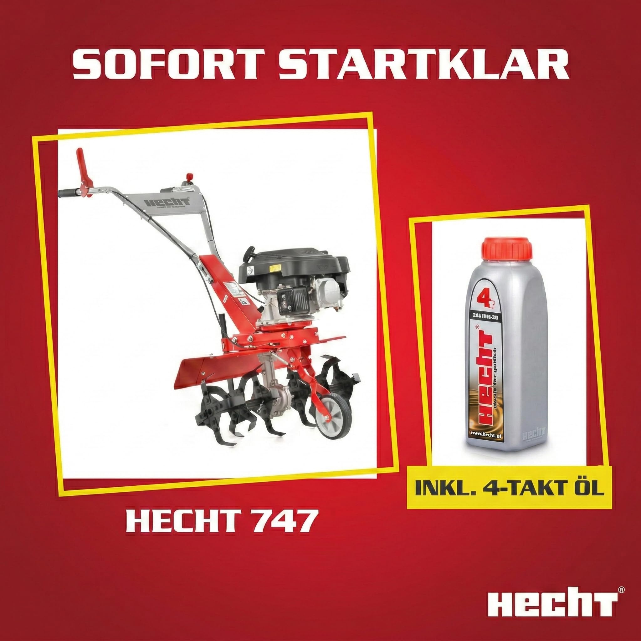 HECHT Benzin Motorhacke 4,08 PS - mit 60 cm Arbeitsbreite – 4 Takt Motor – 24 Harte Messer – Bodenfräse – Gartenhacke – Kultivator – zum Boden umgraben und lockern - Gartenfräse Benzin