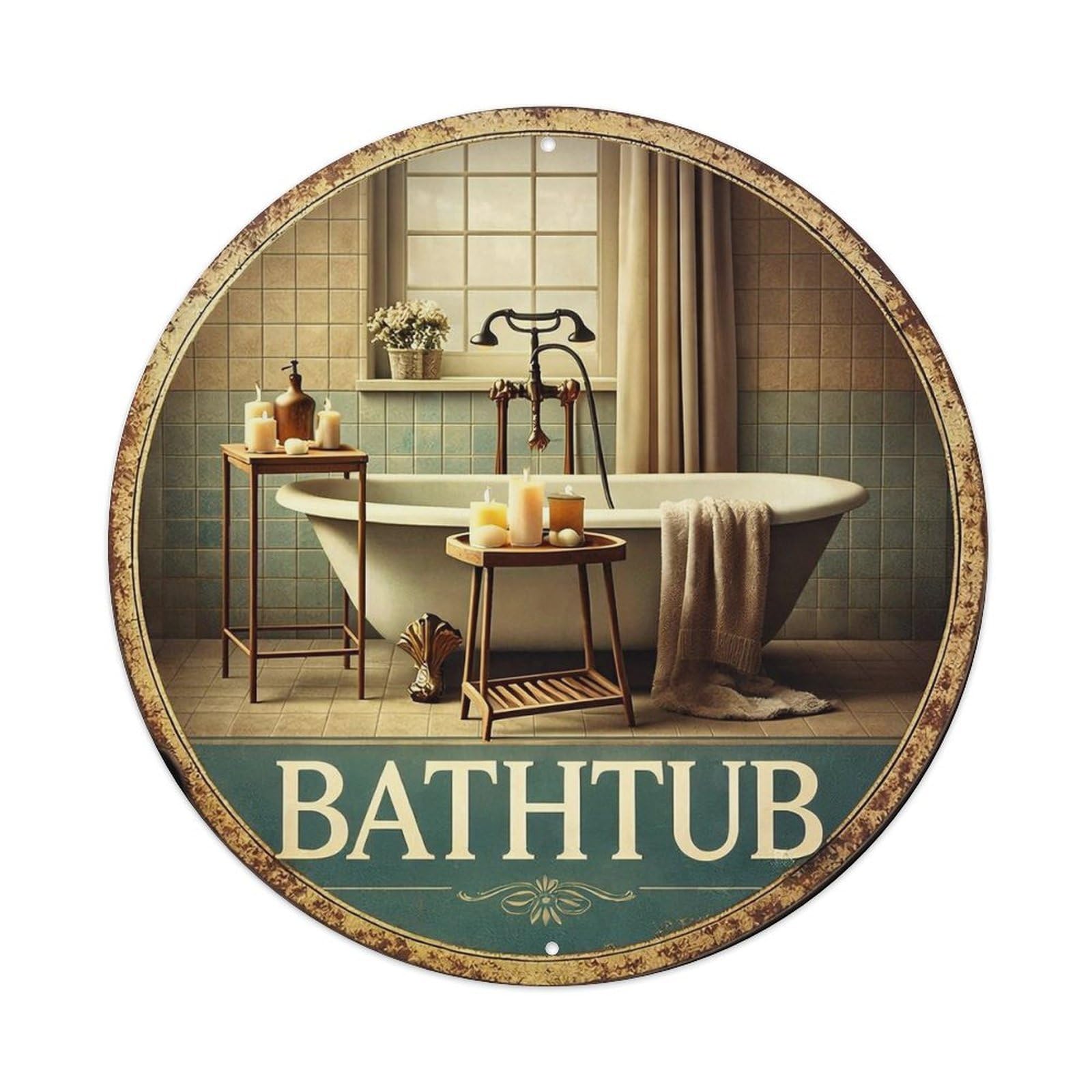 Vintage Bathtub Scene With Candles Round Tin Sign Vintage Metal Sign Home Bar Garden Indoor & Outdoor Wall Decor Retro Metal Poster 8x8 Inch