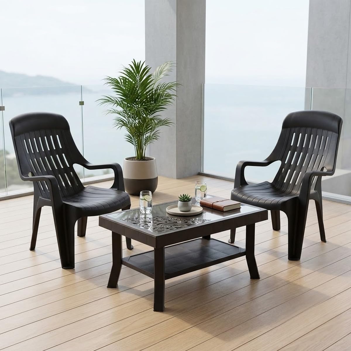 Nilkamal Weekender Chair and Glass Top Coffee Table Set | 2 Chairs and 1 Table | Plastic Furniture Set for Indoor and Outdoor Use, Balcony, Garden, Patio & Living Room | Weather Brown-image-48