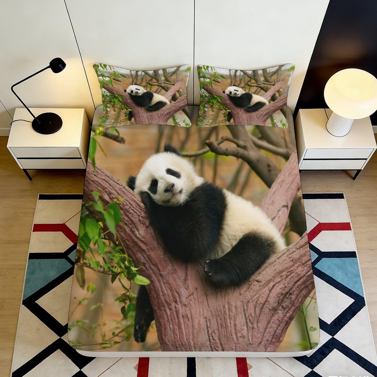 3D Printed Panda Animal Fitted Sheet Microfiber Soft Durable Tree Branch Bed Cover for Bedroom Dormitory Guest Room Mattress Protection Decor 120x200x25cm