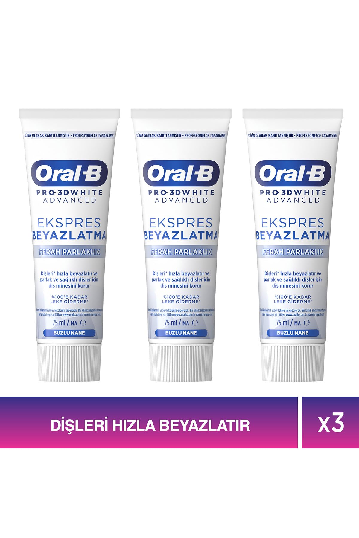 Oral-B Pro 3D White Advanced Ekspres Beyazlatma Ferah Parlaklık Diş Macunu 75 ml 3lü paket
