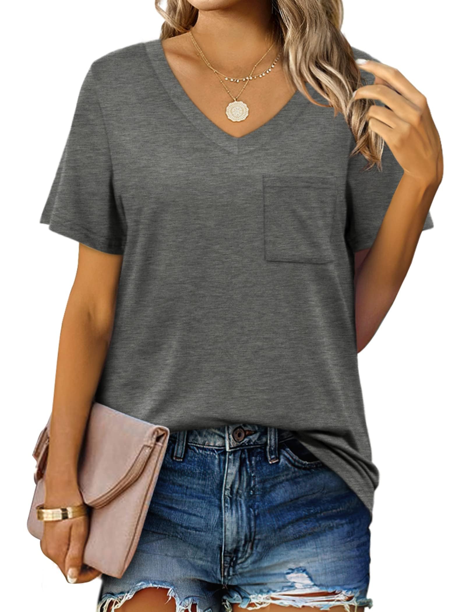 Suncife Lässiges Sommer-T-Shirt für Damen, kurzärmelig, V-Ausschnitt, T-Shirt mit Tasche