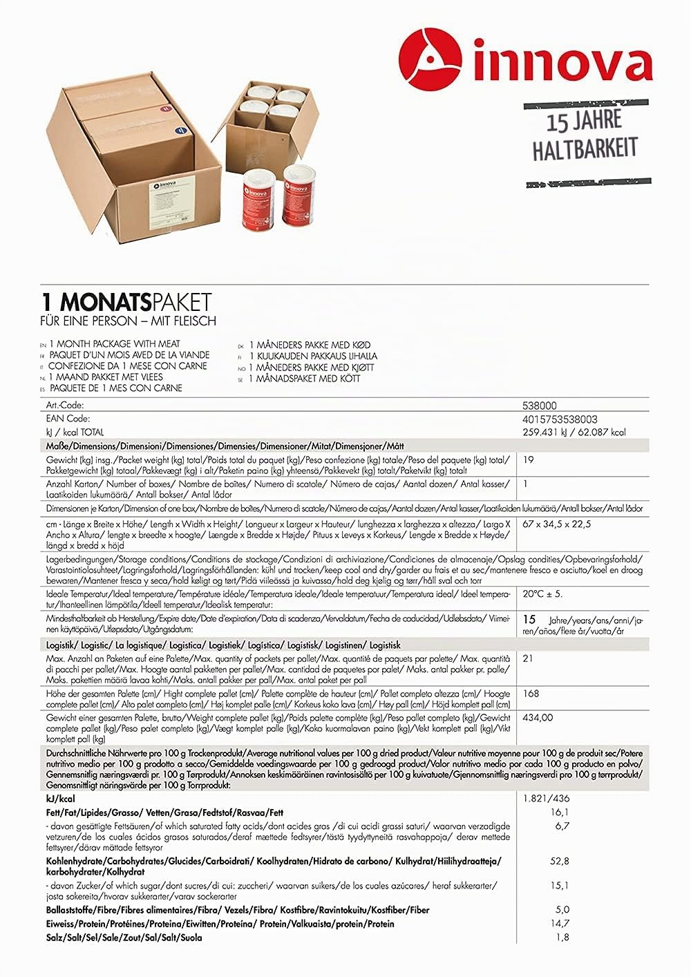 INNOVA 1 Monatspaket mit Fleisch, Krisenvorsorge und Langzeitnahrung, Emergency Food, Notfallvorrat | Notvorrat Sicherheits Nahrungsmittel (15 Years Shelf life)