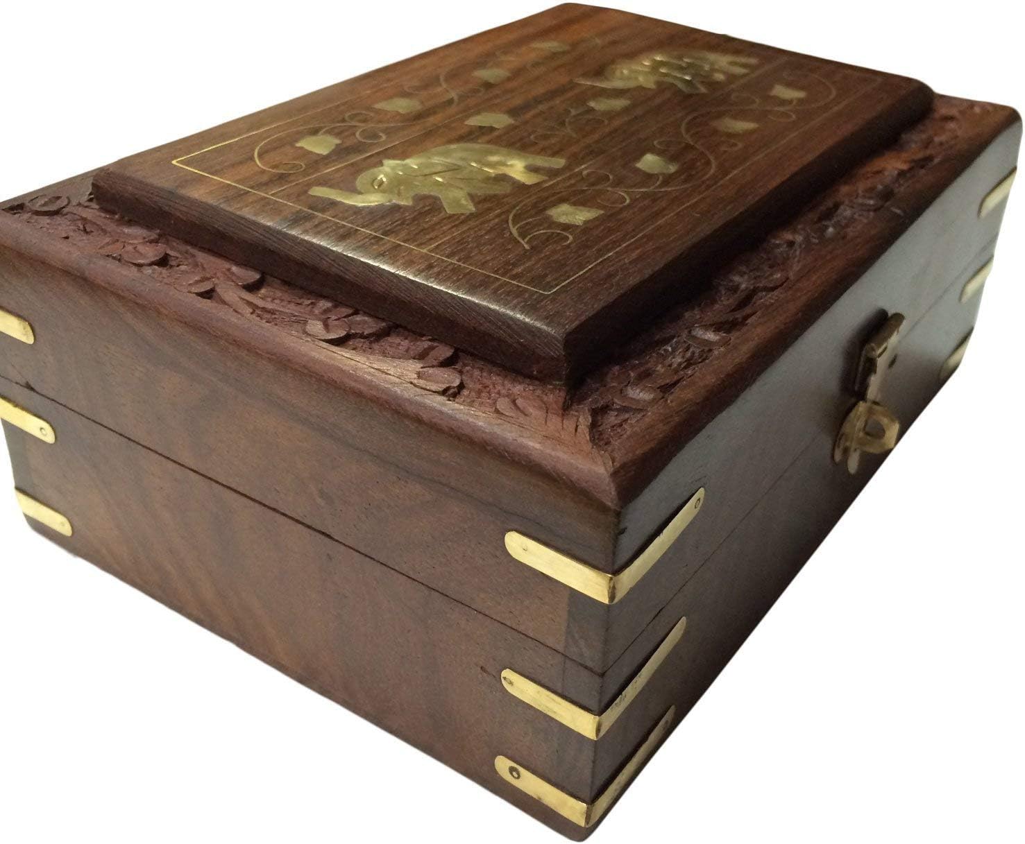 Christmas Gift Wooden Handcrafted Indian Jewelry Box Brass Inlay Unique Elephant Design 7 X 5 Inches