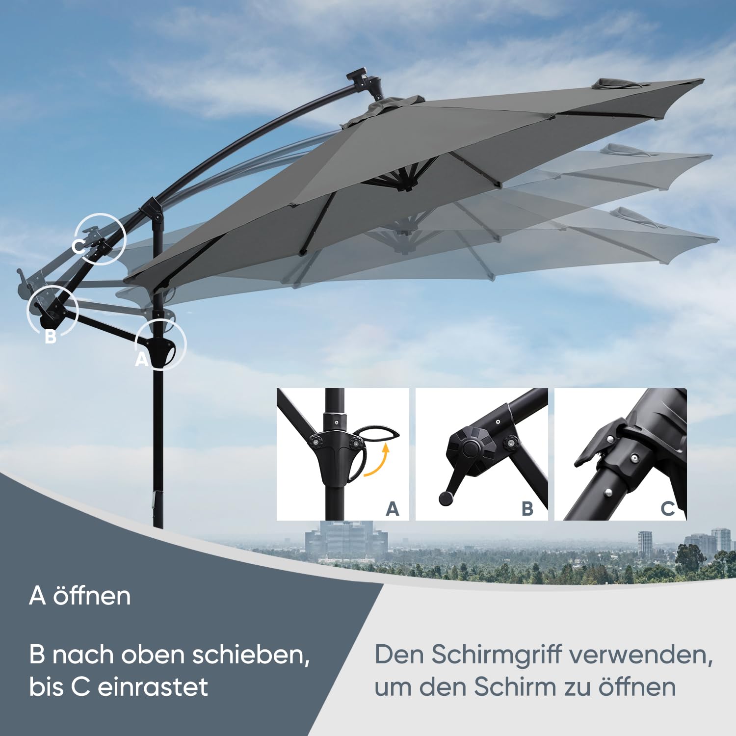 Sekey Ombrello solare a LED, 300 cm, LED a energia solare, protezione solare UV50+, robusto e stabile per il giardino, grigio scuro