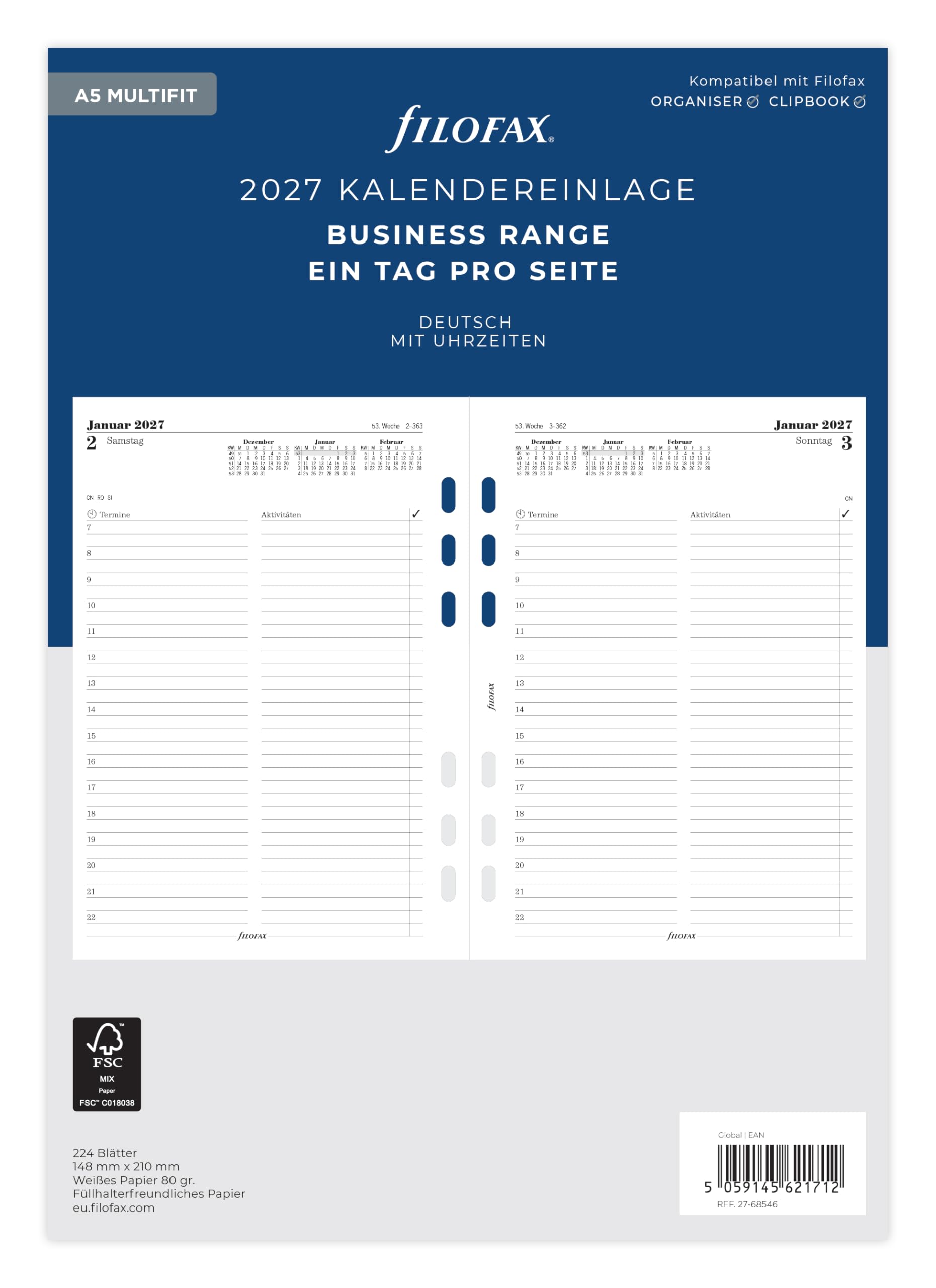 Filofax Calendar Insert A5 Multi 1 Day on 1 Page German 2027