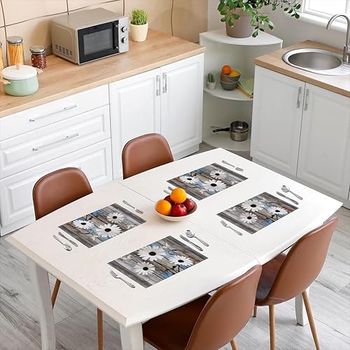 Miniatura 7 de Juego de 4 manteles individuales de margaritas blancas de 12 x 18 pulgadas, diseño de rayas de madera verde azulado acuarela, para niños,