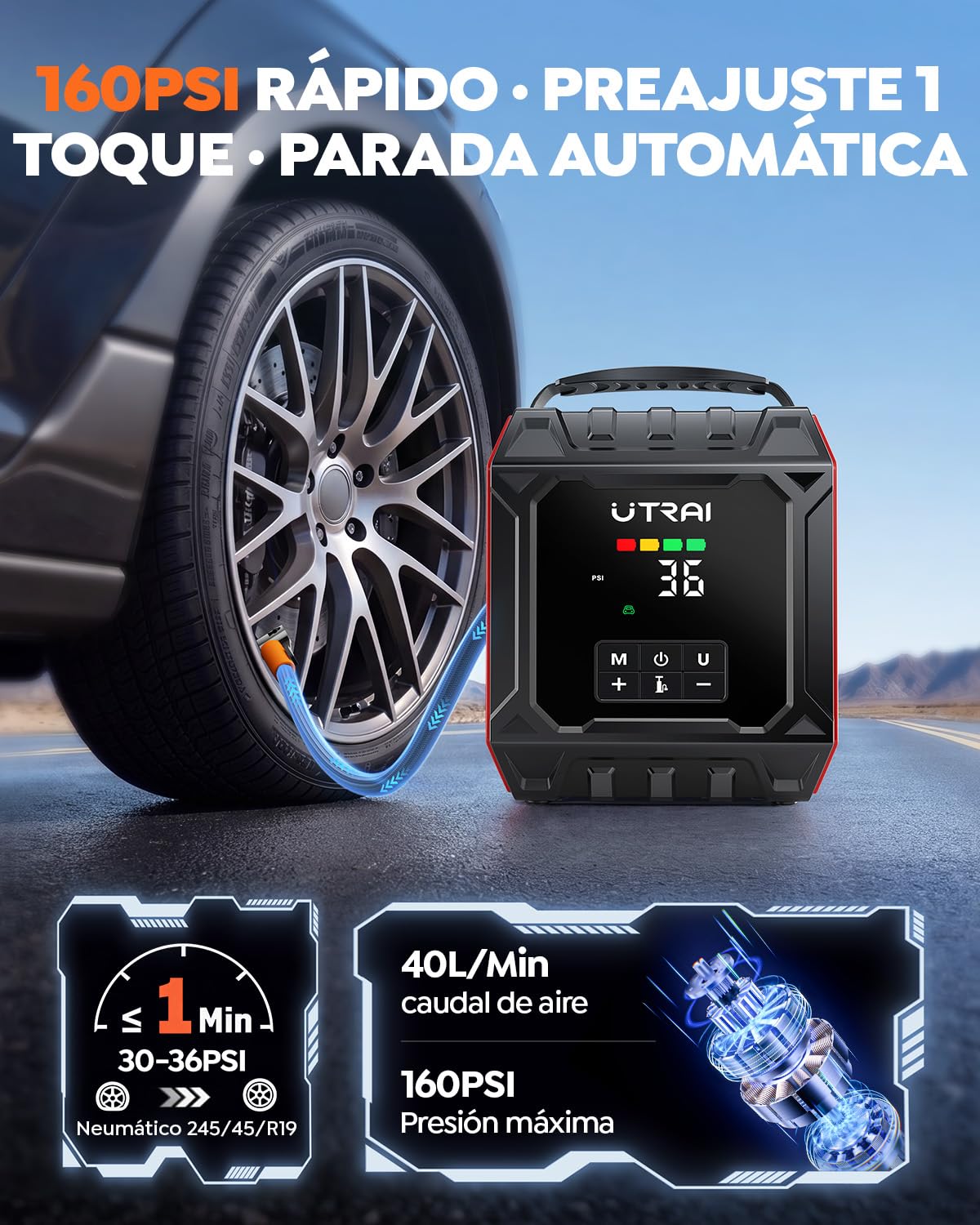 Arrancador de Baterías de Coche Portátil 8000A con Compresor de Aire 160PSI(All Gas/12L Diésel/Híbrido),UTRAI Arrancador con Luz Magnética Desmontable de 1200 Lúmenes,Kit de Reparación de Neumáticos