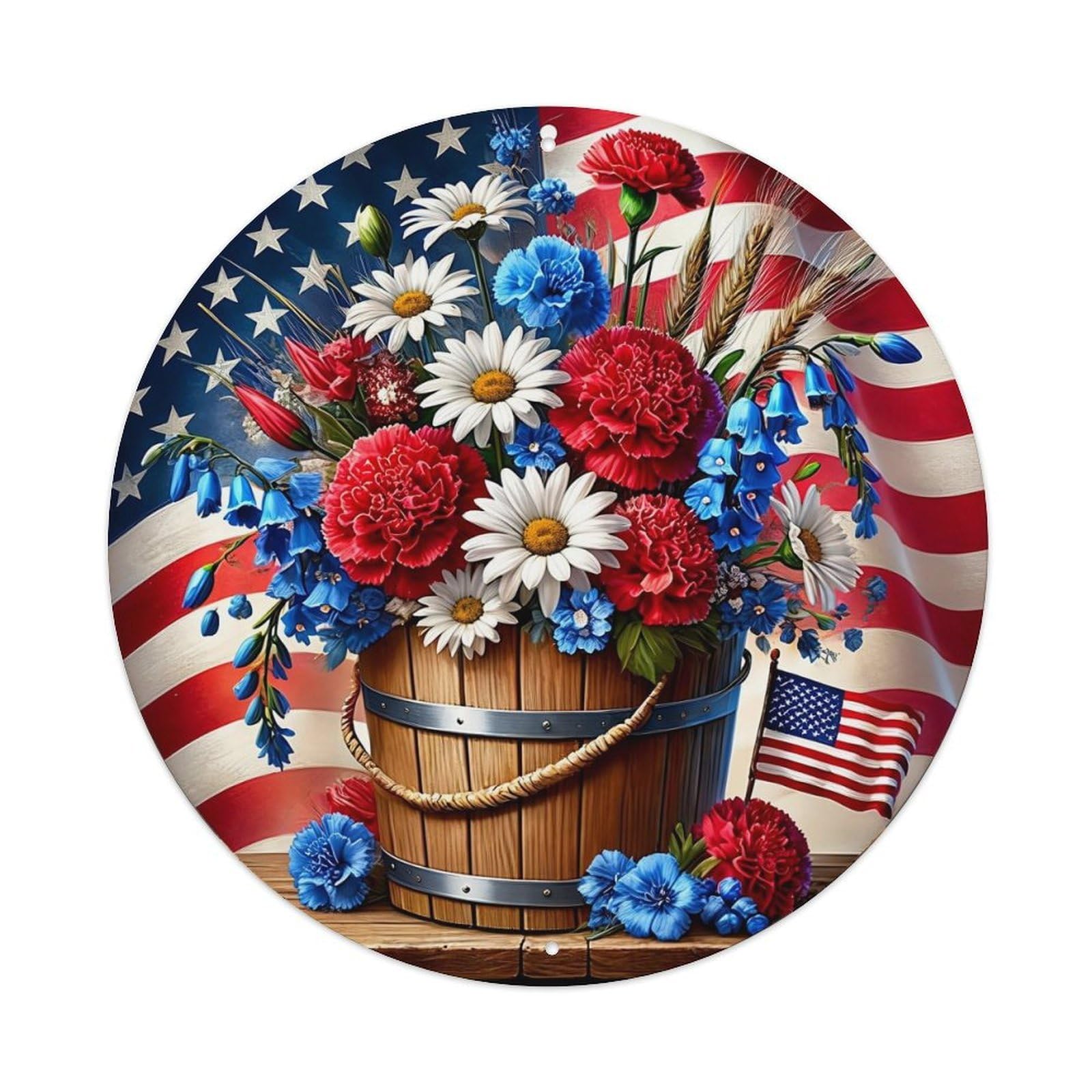American Flag Floral Bucket Round Metal Tin Sign Vintage Wall Decor, Bar Garage Cafe Kitchen Home Wall Art Poster 8x8inches