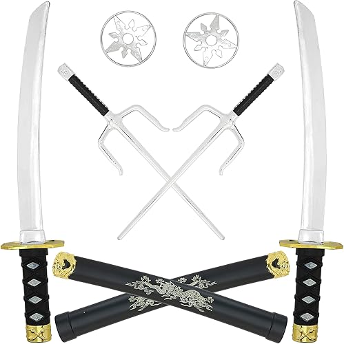 Skeleteen Juego de juguetes de espada ninja Conjunto de disfraz de guerrero de lucha con espadas katanas dagas sai y estrellas shuriken 6 piezas