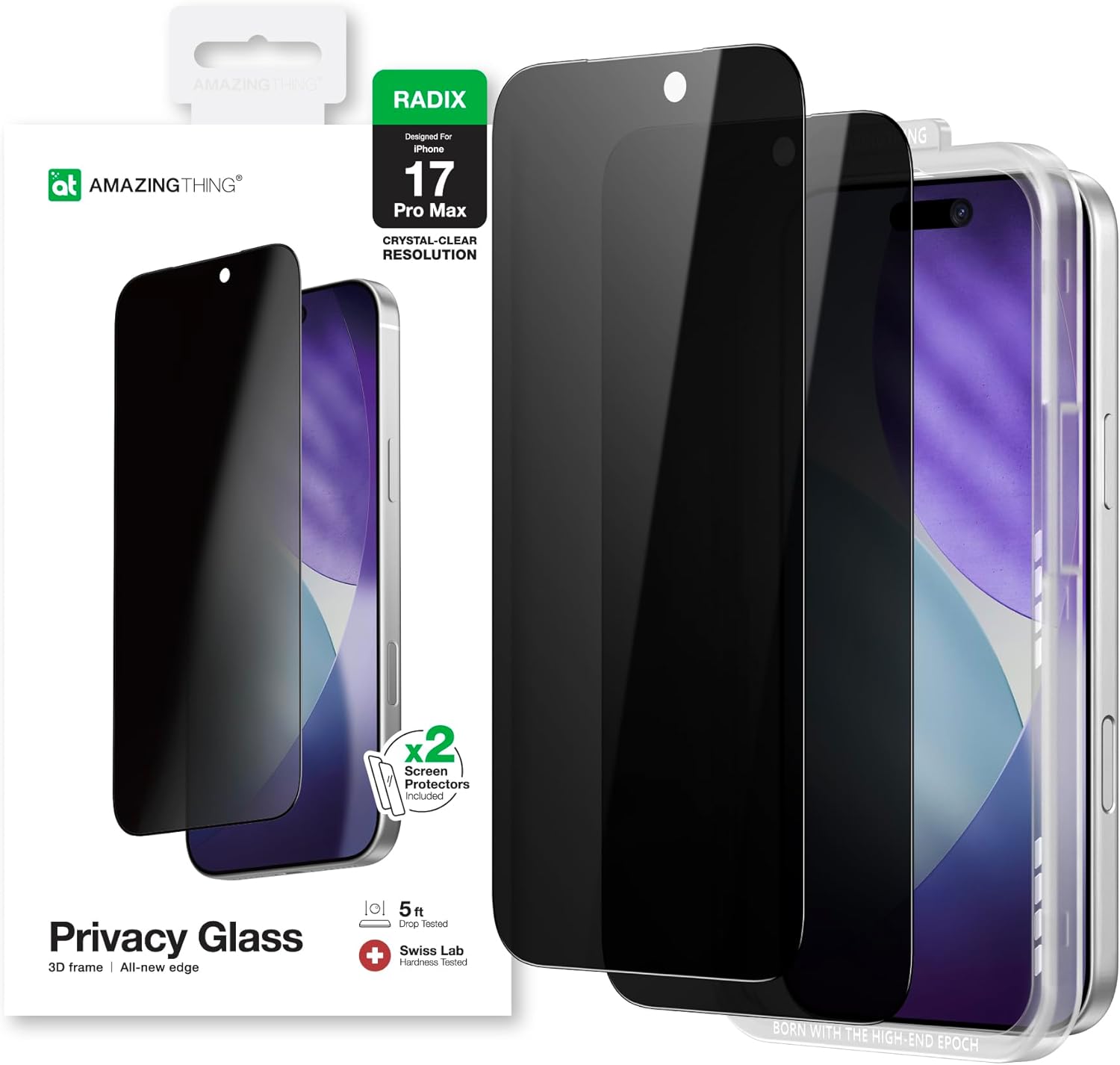 AMAZINGthing for iPhone 17 Pro Max [Radix - Privacy Glass] Screen Protector, Privacy Viewing, 9H Tempered Glass, Full Coverage, Case‑Friendly, Oleophobic, Alignement Frame, 2 Pack