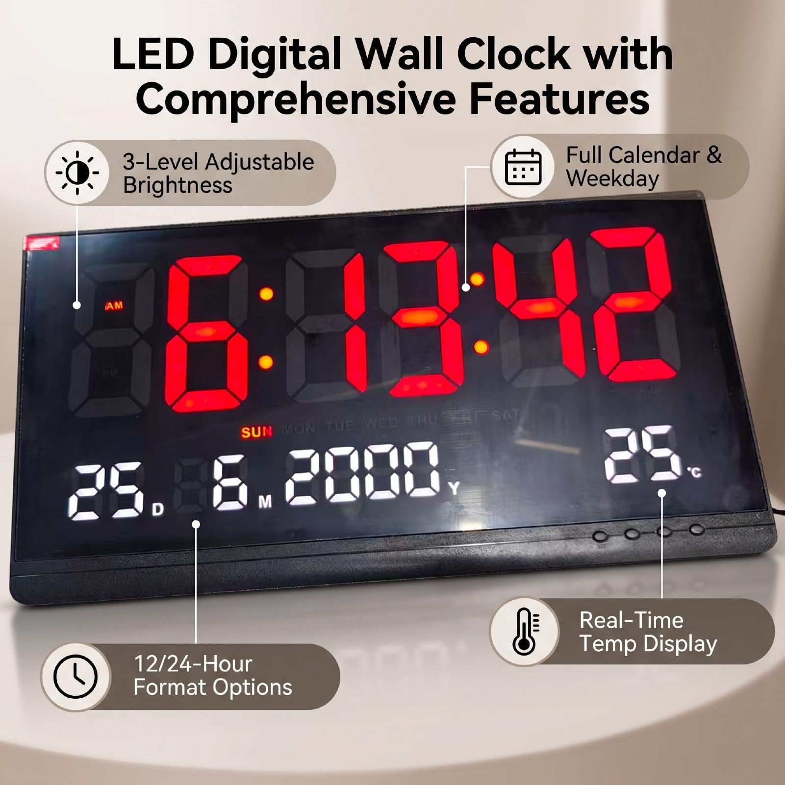Naroote Orologio Da Parete LED Con Ampio Schermo Calendario Temperatura | 3 Livelli Di Luminosità, Display Extra Large, Formato 12/24H, Data e Giorno, Temp Ambiente, Memoria, Fessure Di Ventilazione