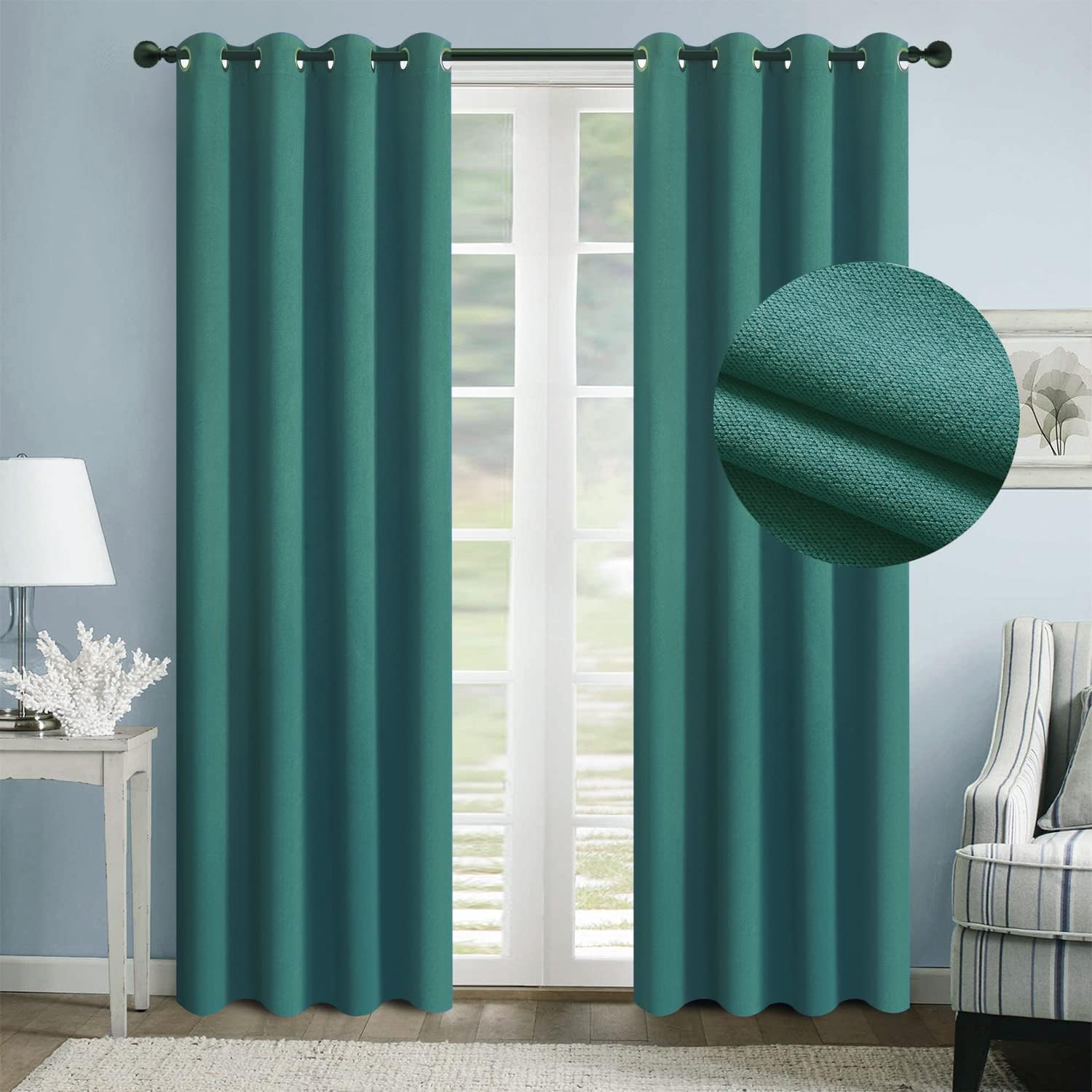 WPM Teal Drapes Faux Linen Curtains Room Darkening Panels for Bedroom/Living Room 84 Inches Long Energy Saving Home Window Treatment-Grommet Style Set of 2 (Teal, 84 Inch Long)