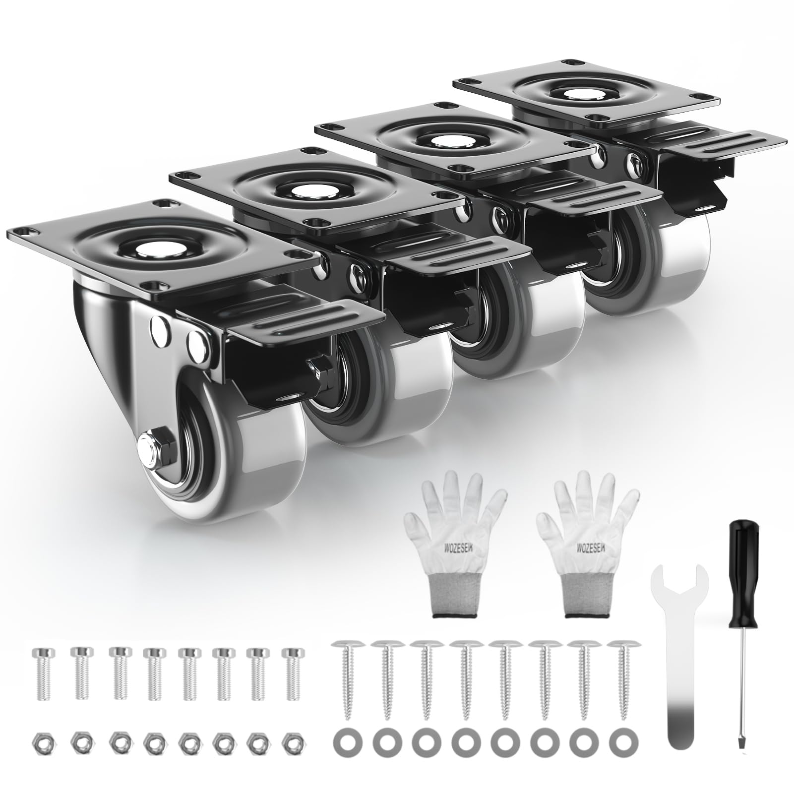 Photo 1 of 2 Inch Caster Wheels, Casters Set of 4 Heavy Duty with Brake, Swivel Industrial Plate Casters 600Lbs, No Noise Wheels for Furniture, Cart(Bonus of 2 Hardware Kits & Gloves)