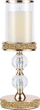 Pillar Candle Holder, 13 Inch Crystal Candlesticks for 3X5 Candles, Dining Coffee Table Decor, Wedding, Events, Parties - Glass and Gold Finish
