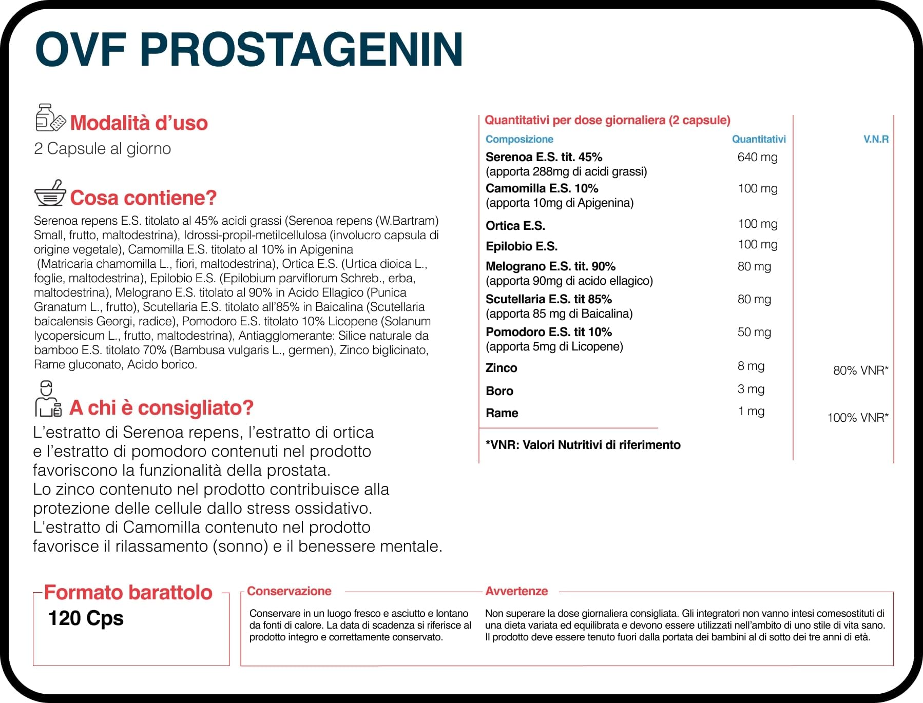 OVF Prostagenin - Serenoa Repens 640mg | 120 Capsule | Formula 4 in 1 con Apigenina, Zinco e Licopene | Supporto per la Funzionalità della Prostata e il Benessere delle Vie Urinarie