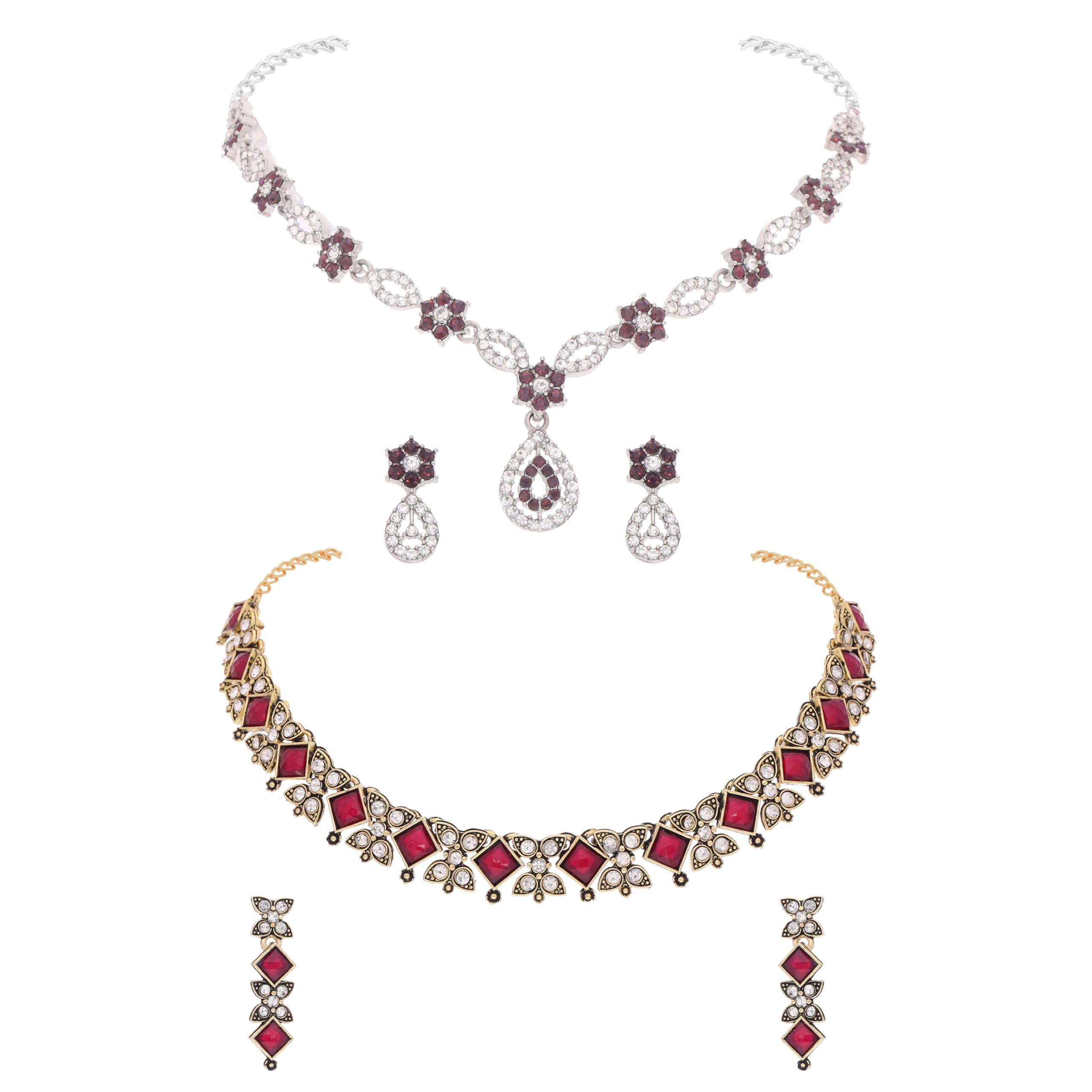 Brado JewelleryGold & Silver Tone Handcrafted American Diamond (AD) Stone Studded Choker Necklace Jewellery Combo set with Matching Pair of Earrings for Women and Girls