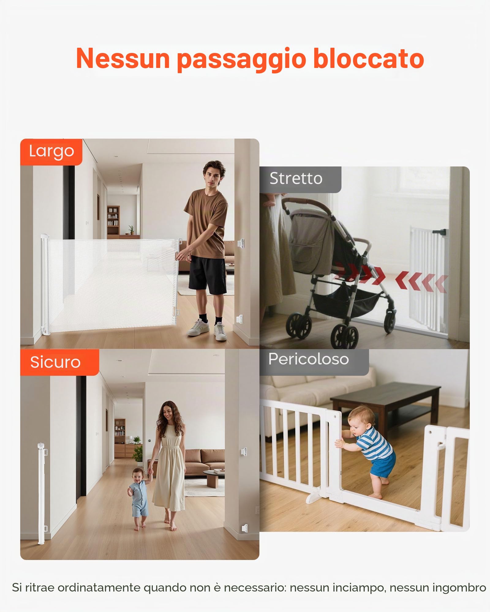 VEVOR Cancelletto Retrattile, Installazione Interna 1450 mm di Larghezza, 980 mm di Altezza, con Strisce in Fibra di Vetro Rinforzata, Impedisce che Si Infilino, Cancelletto in Rete per Cani, Bianco