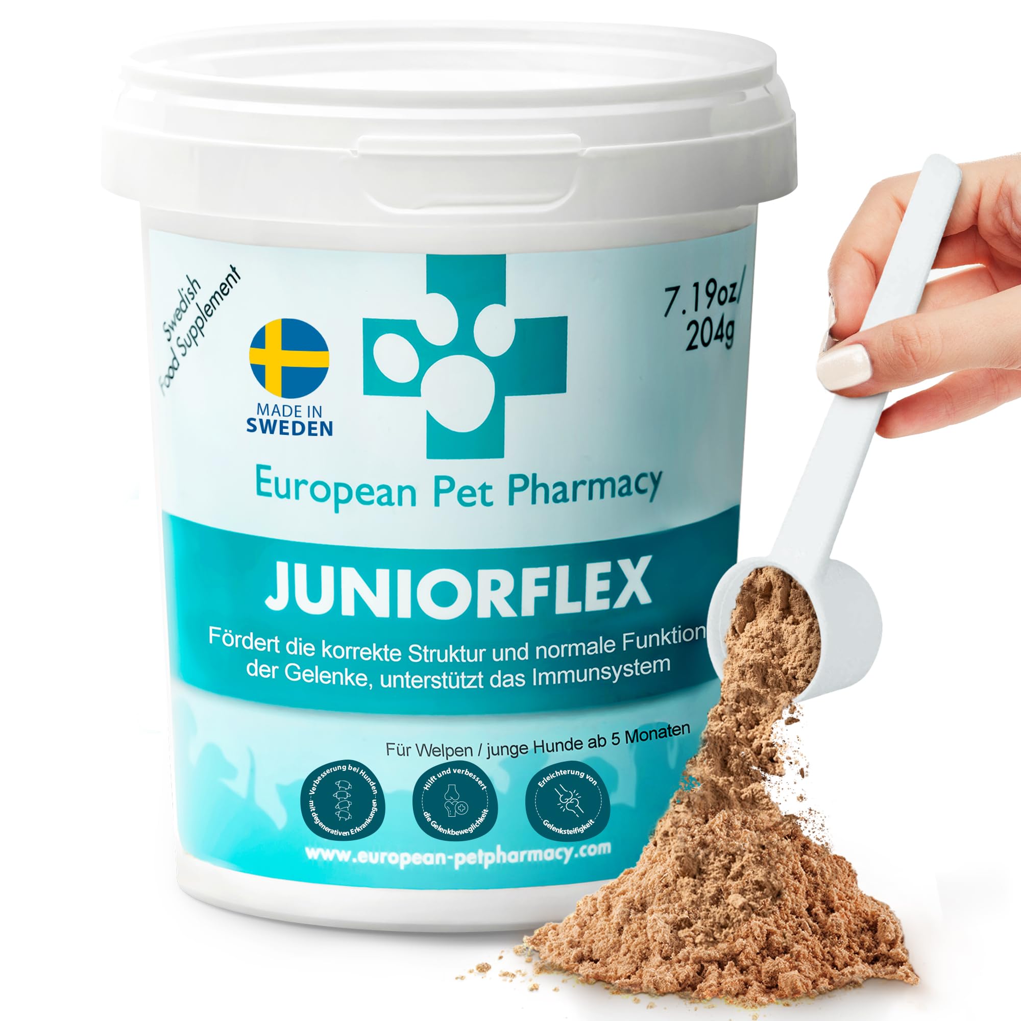 European Pet Pharmacy JUNIORFLEX 204 g Grünlippmuschelpulver für Hunde & Welpen - Nahrungsergänzungsmittel Hund und Katze mit Glucosamin Chondroitin und Vitamin C - Gelenkskomplex 4-18 Monate