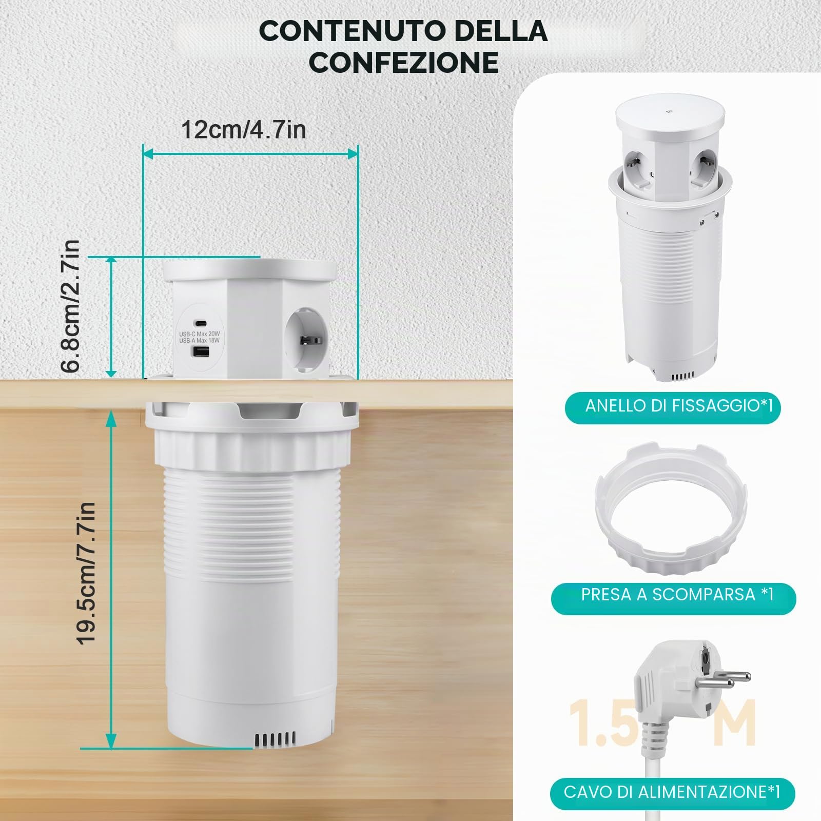 Presa a scomparsa a 3 prese con 1 USB C, 1 USB-A, piano di lavoro da cucina, presa da tavolo a scomparsa con caricatore senza fili, cavo da 1,5 m, per ufficio, cucina, presa da incasso (bianco)