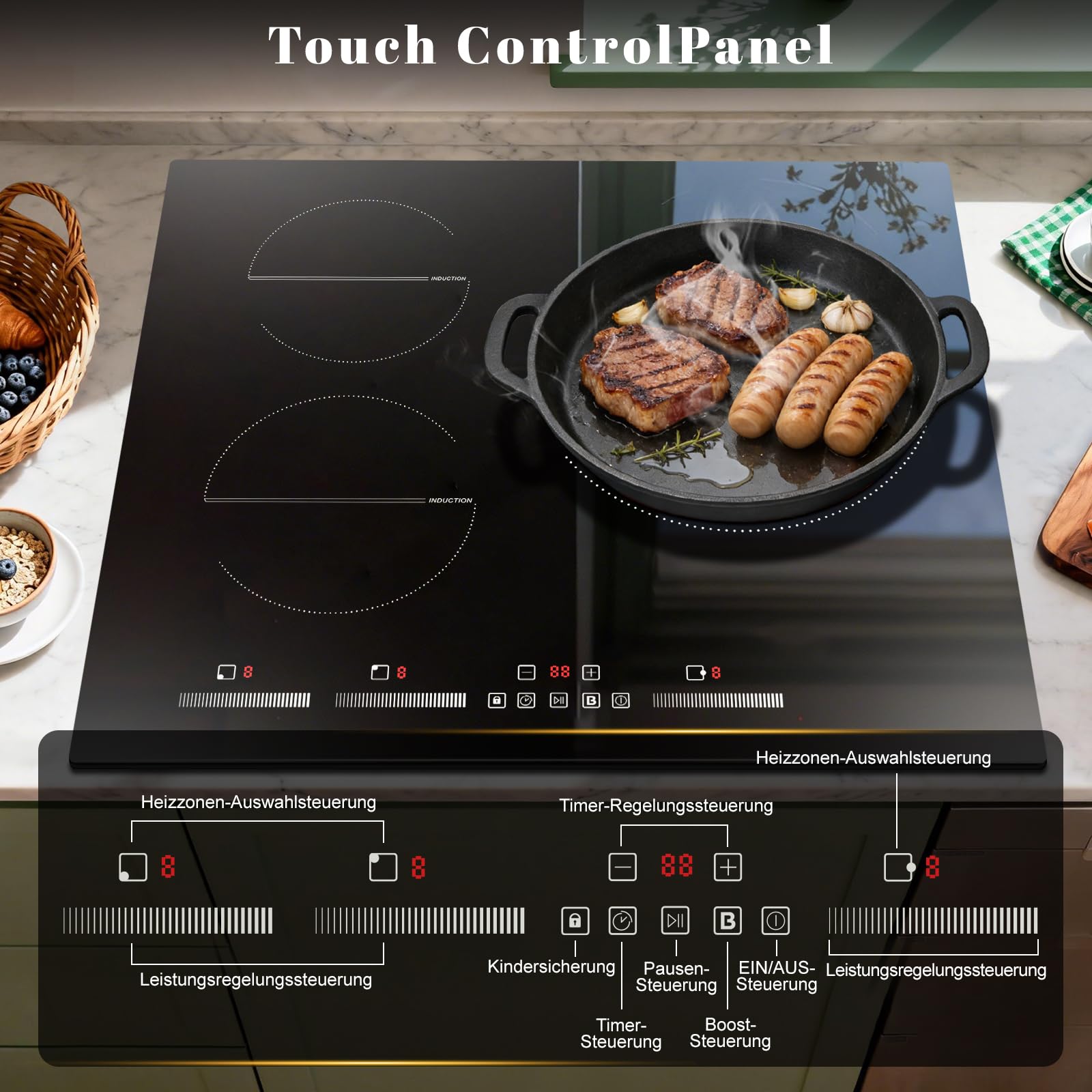 Induktionskochfeld 3 Zonen, 60 cm Einbau, 6500 W, 220-240 V Induktionsherd | 3 Platten, mit Boost-Funktion, 9-stufige Leistungsregelung, Pause, Kindersperre, Timer, Touch-Steuerung