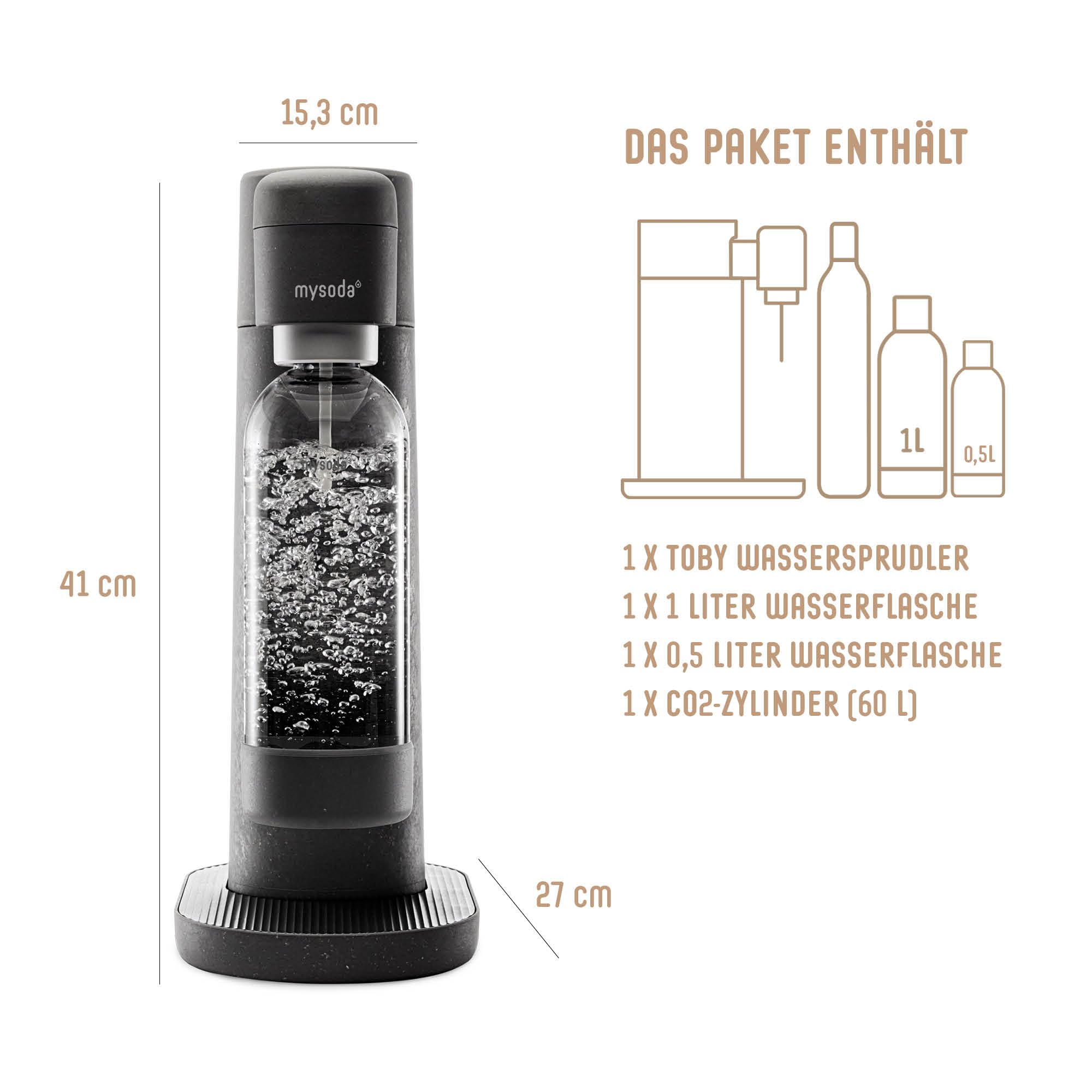 Mysoda: Toby zestaw saturatora z odnawialnego kompozytu drewnianego, 1 l i 0,5 l Quick-Lock, plastikowe butelki bez BPA i cylindry CO2, kolor czarny