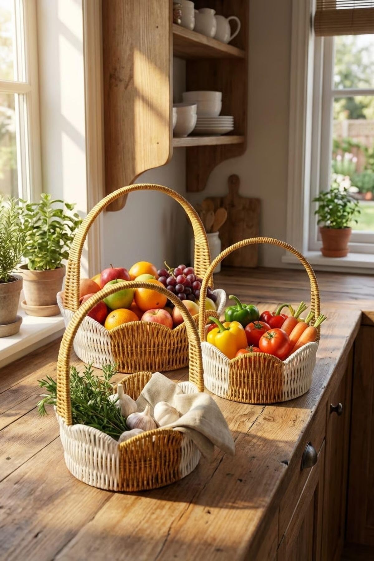 BUFFER İç İçe Geçebilen 3'lü Çift Renkli Yuvarlak Dalgalı Formlu Saplı Plastik Rattan Sepet Seti, Hasır Görünümlü Çok Amaçlı Organizerler, 18x7cm, 21x8cm, 24x9cm