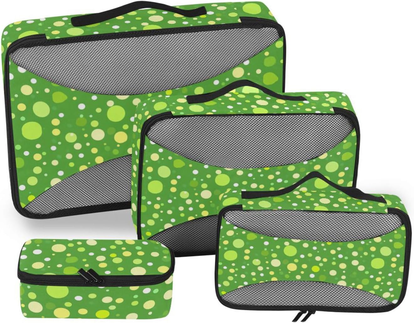 Modern Rounds Dots Green 4 Pcs set organizer for closet Mesh Travel Essentials expandable packing cubes
