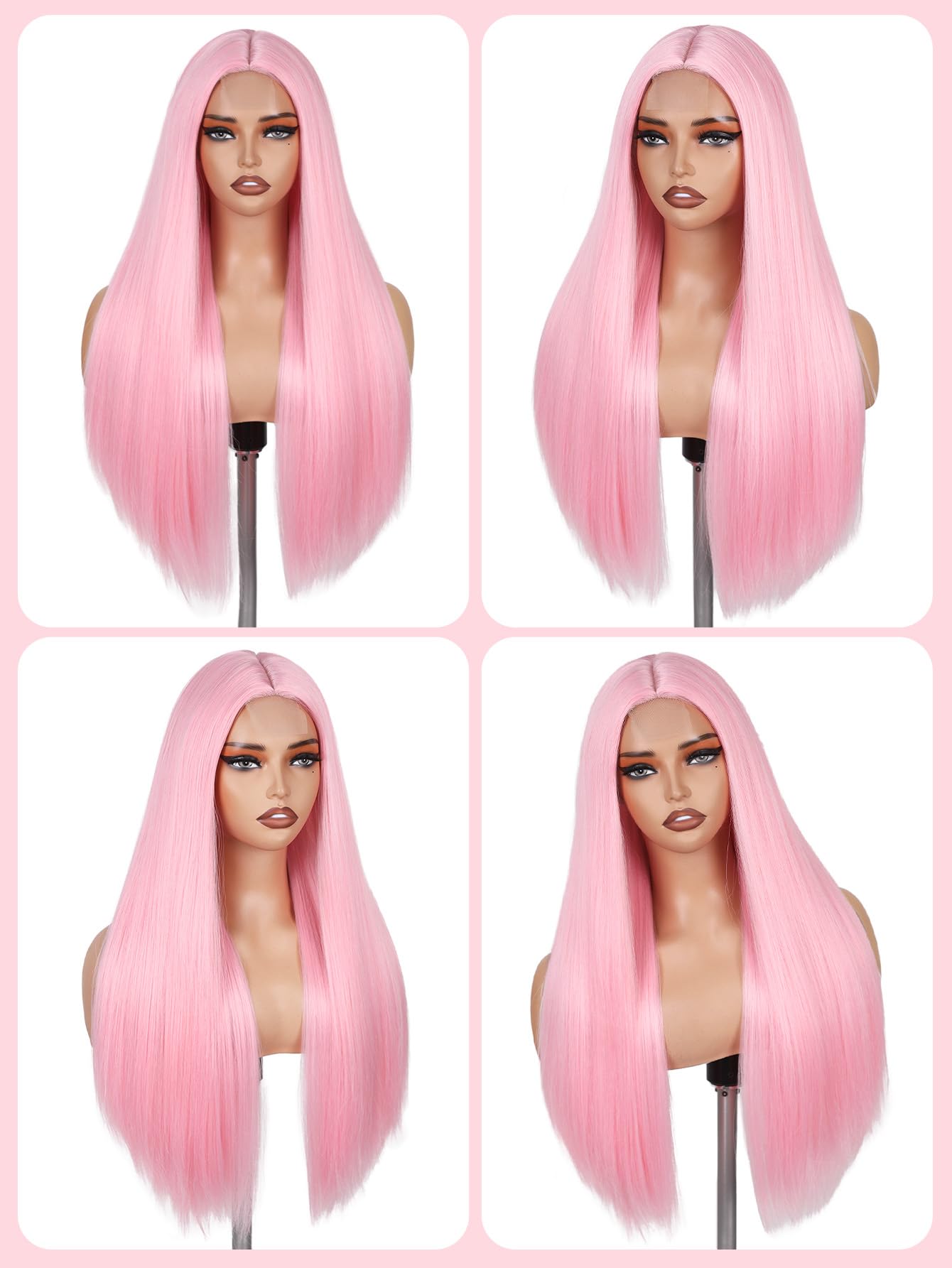 FAVE 65 cm Hellrosa Perücke, Hitzebeständige Synthetik-Perücke für Damen mit Mittelscheitel, Natürlich Aussehende Lange Perücke für Party, Alltag & Cosplay