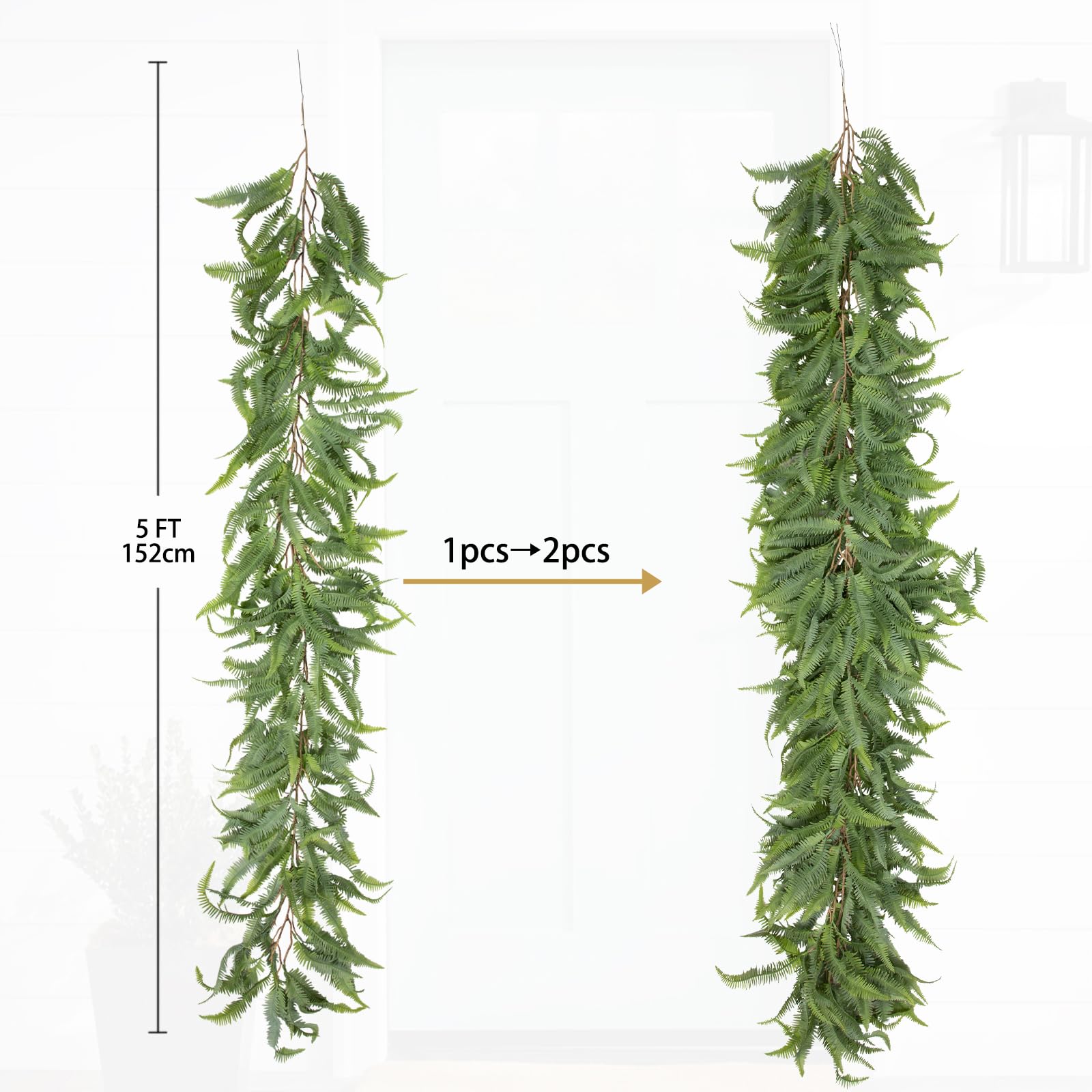 Arborus 2PCS Artificial Fern Leaf Garland 5FT Fake Boston Fern Vines Garlands Realistic Foliage Garlands Faux Hanging Plants Greenery Garland for Wedding Home Farmhouse Fireplace Indoor Decoration - Image 3