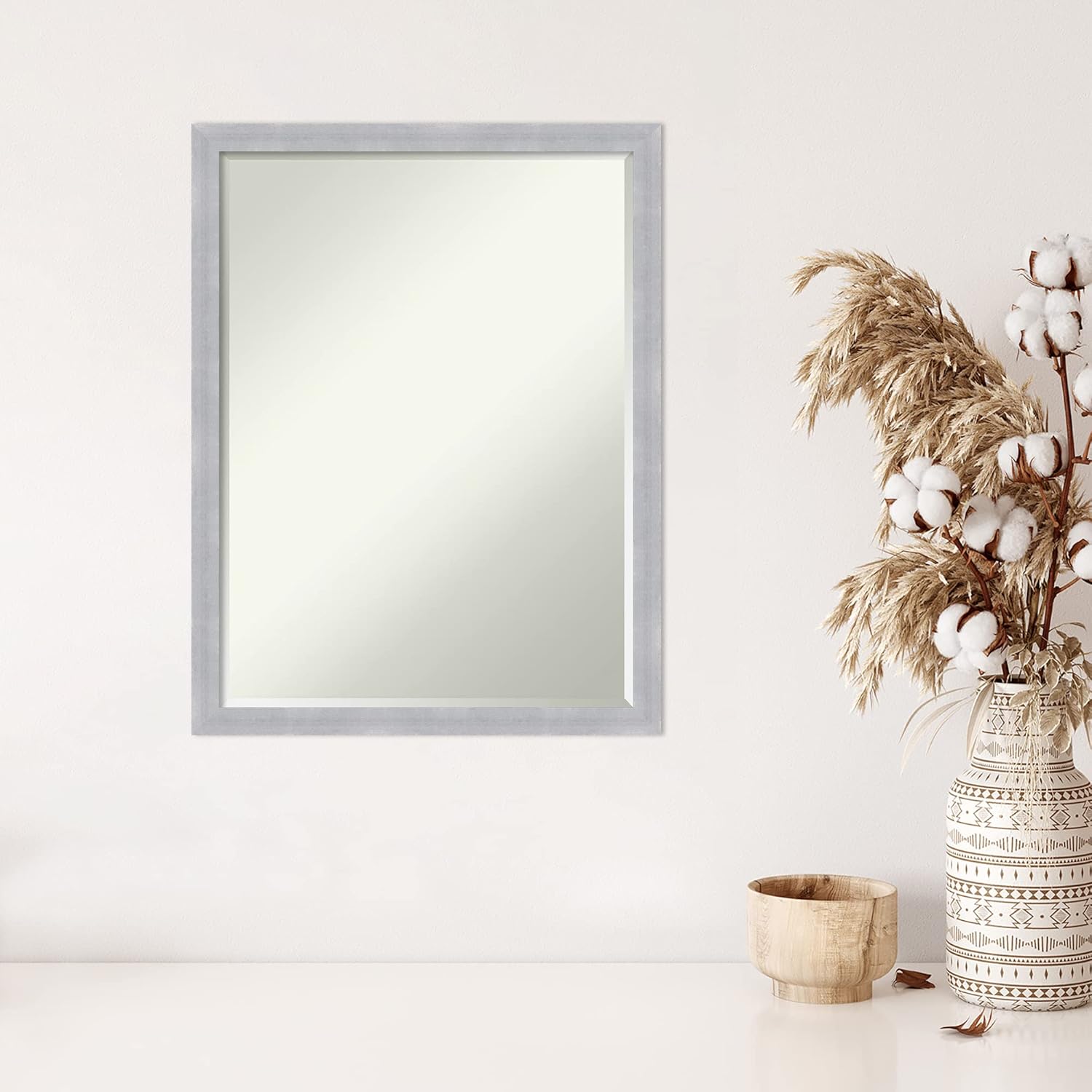 Amanti Art Silver Wall Mirror 26x20 Grace Brushed Nickel Narrow Rectangle Bathroom Mirror for Wall Decor Living Room, Medium Modern Frame, Hangs Horizonally and Vertically, Bathroom Decor, Petite