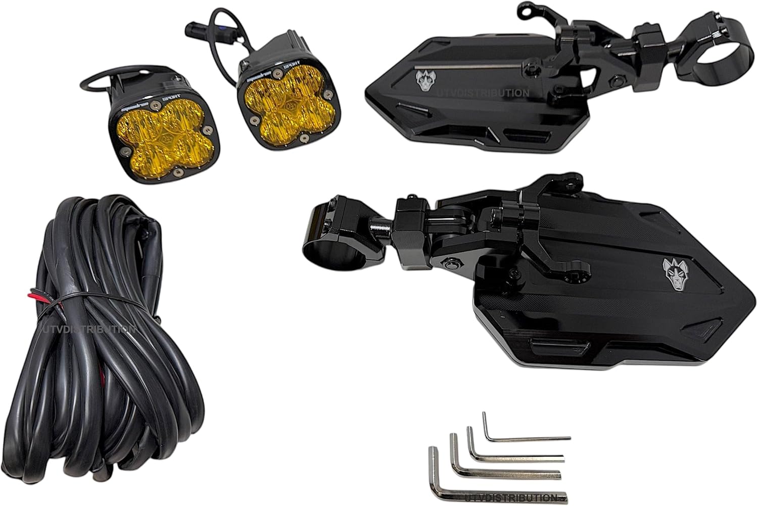 UTVDistribution Chupacabra Offroad Cuero Baja UTV Mirrors With Baja Amber Squadron LED Light Kit (set of 2) (2" Clamps)