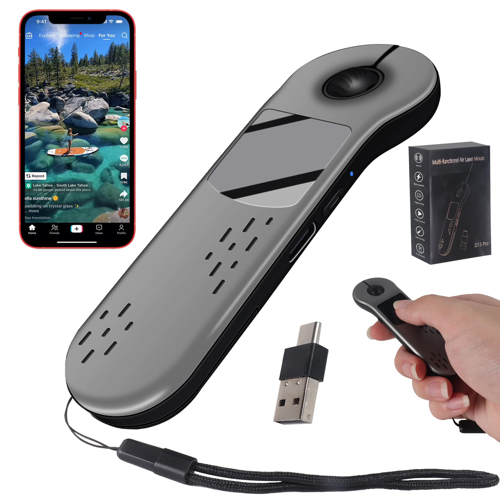 Mini ratón Bluetooth con punteras de los dedos, BT5.3 + 2.4 G + USB-C, tres modos+panel táctil, 4 en 1 portátil Page Turner Handheld Air Mouse Presenter mando a distancia, desplazamiento inalámbrico