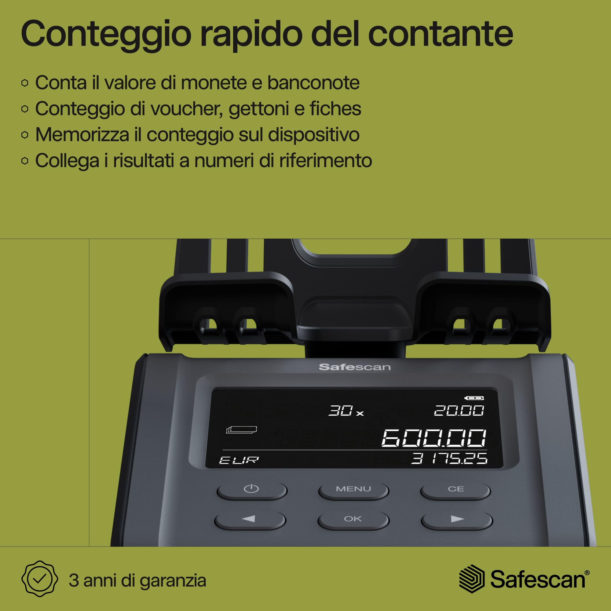 Safescan 6175 Macchina contasoldi che conta monete, banconote, buoni e gettoni, Contamonete con riconoscimento automatico del rotolo di monete, Bilancia che memorizza i risultati di ogni conteggio