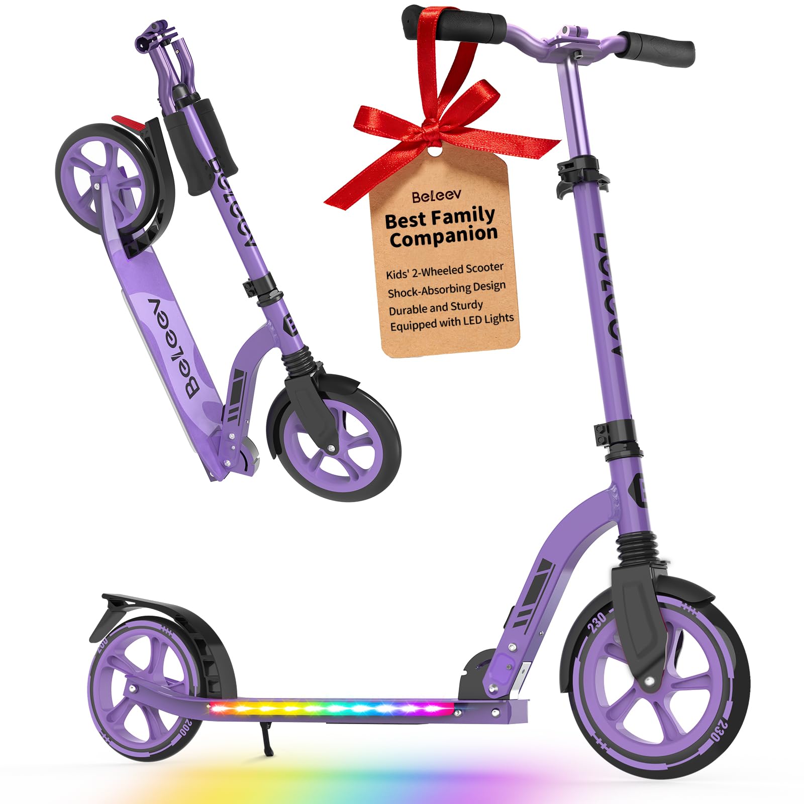 BELEEV Patinete Niño 2 Ruedas con LED Luces Deck,5 Altura Ajustable, Plegable Patinete Big Wheel 230mm Aluminio Scooter Adult con Correa de Transporte, Marco Resistente para 6+ Niño Niña y Adulto