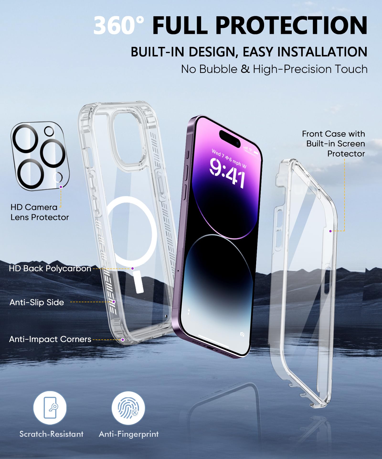 Funda magnética para iPhone 14 Pro de cuerpo completo, diseño para MagSafe, protector de pantalla integrado, con protector de lente de cámara, [antiamarilleamiento] a prueba de golpes, funda