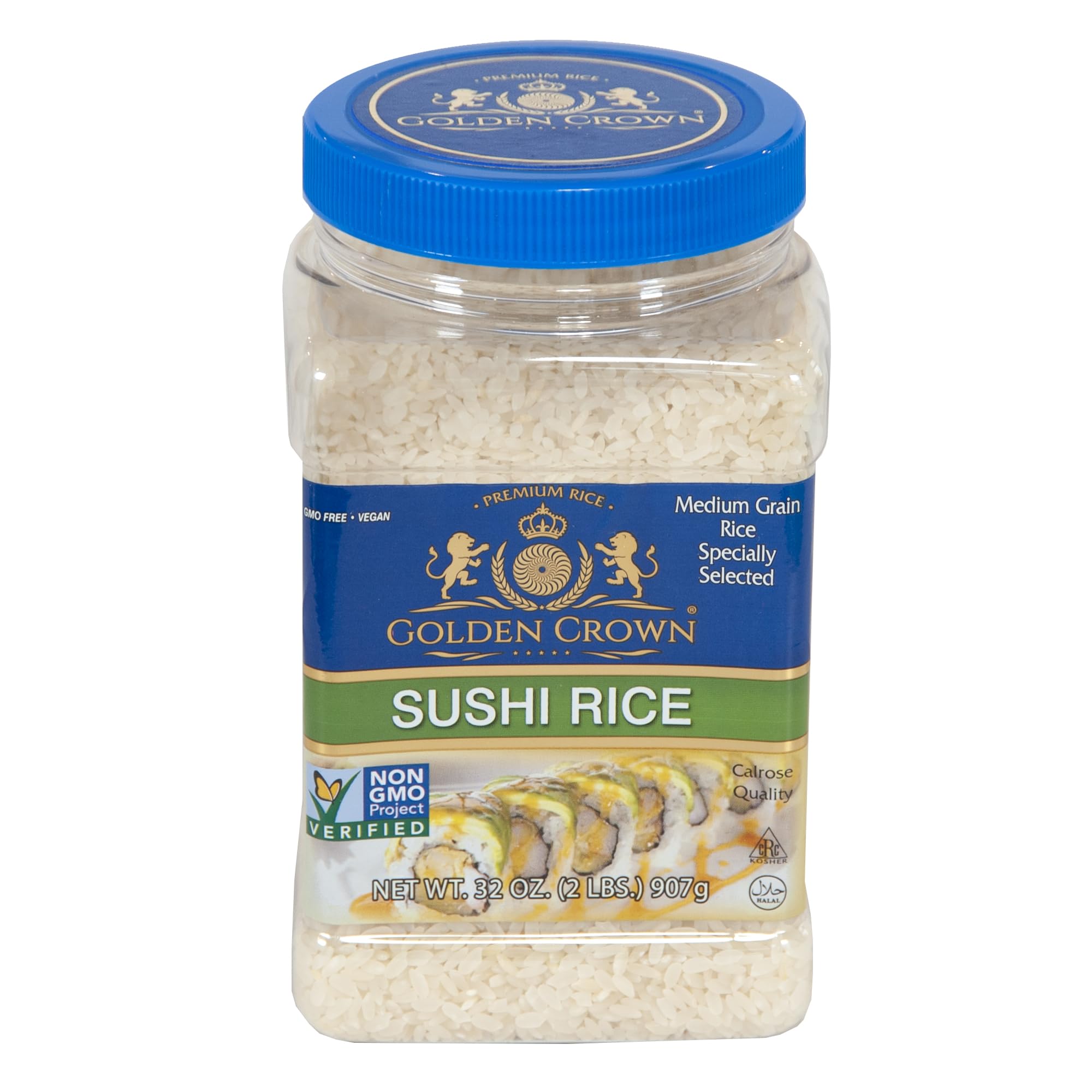Golden Premium Sushi Rice, Sticky White | Short Grain, Halal + Kosher, Gluten + GMO Free, Vegan | Ideal for Japanese Food, Sushi Making Kit, 32 oz (2LB)