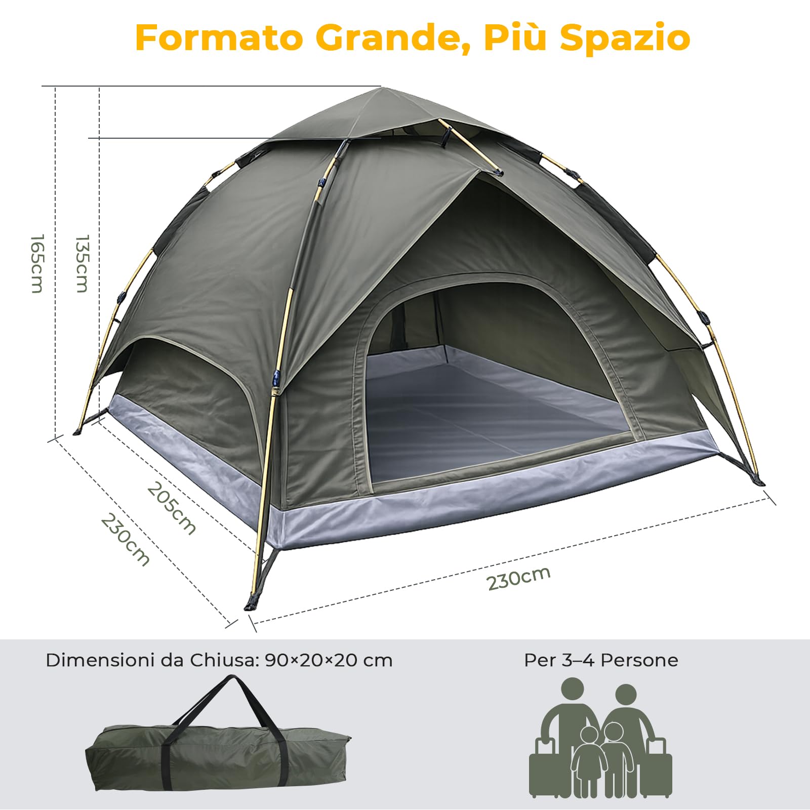 Tenda da campeggio per 2-3 persone, tenda a cupola pop-up con telo esterno rimovibile, 230 x 230 x 165 cm, impermeabile e antivento. Tenda a montaggio automatico per campeggio, tour in moto e festival
