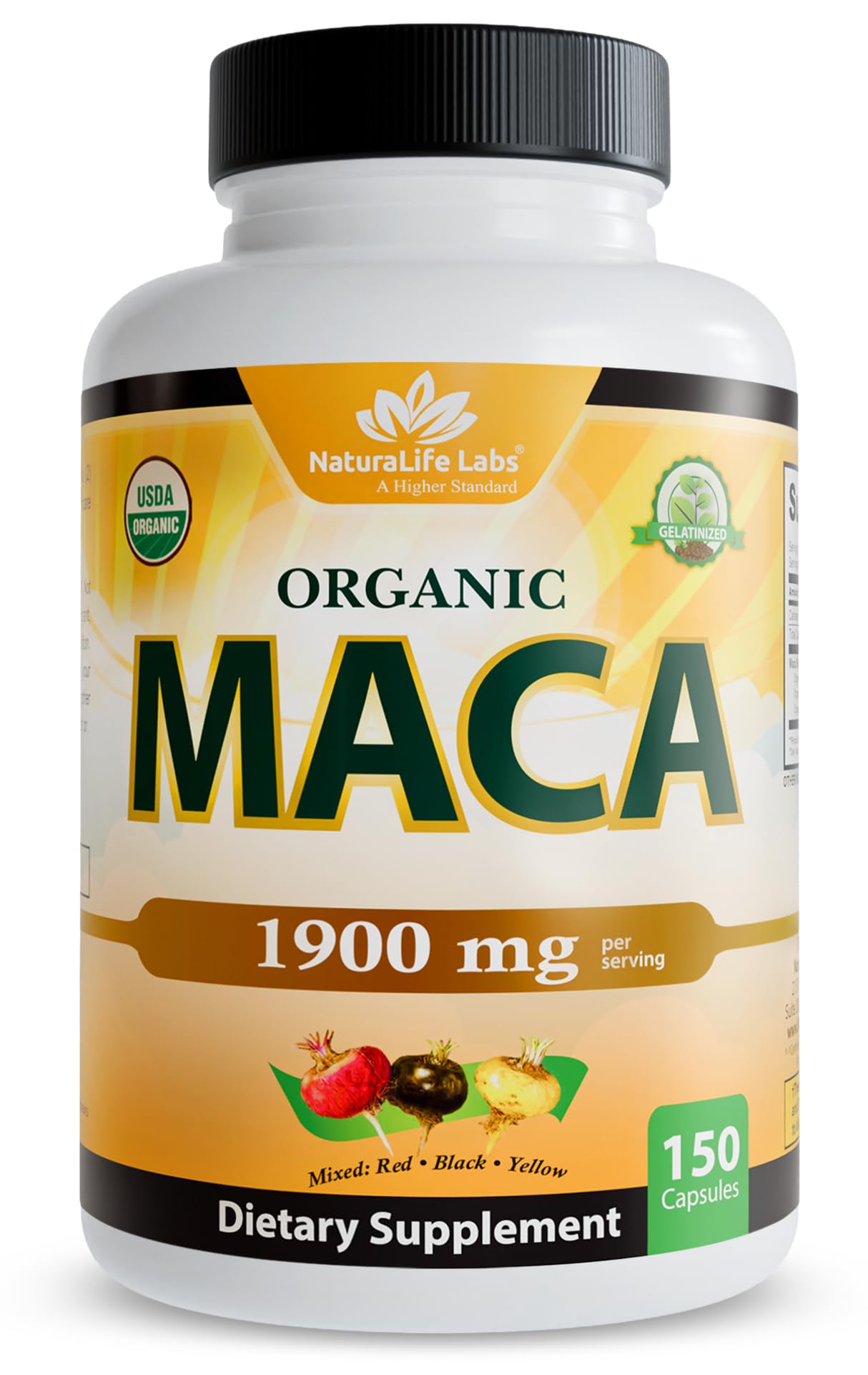 NaturaLife Labs Organic Maca Root  Black, Red & Yellow  1900 mg per Serving  150 Capsules  Gelatinized Peruvian Maca  Non-GMO, Gluten-Free, Vegan