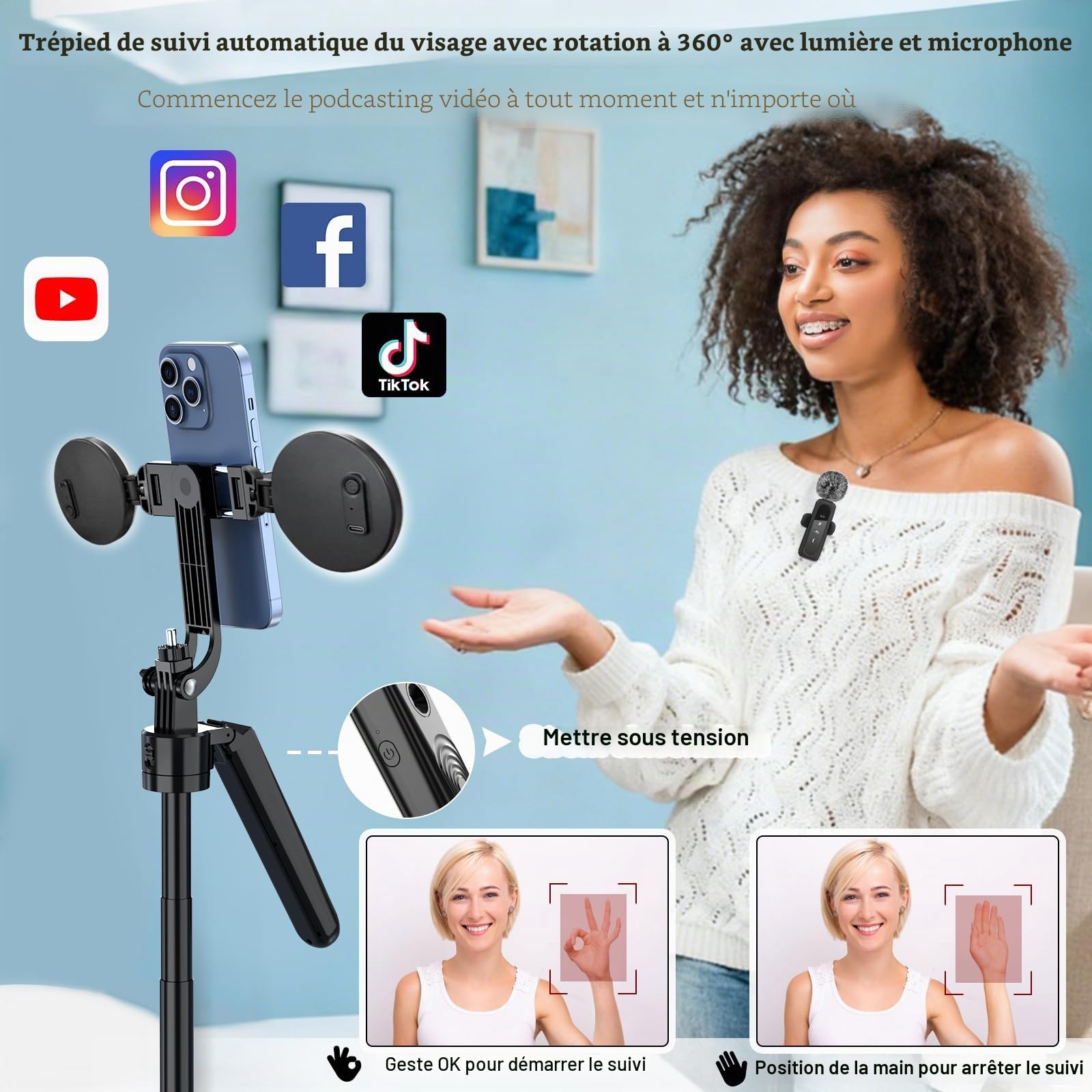 Kit de vlogging pour créateur de contenu YouTube pour iPhone/Android, trépied de 178 cm avec suivi automatique du visage pour iPhone, avec éclairage et microphones sans fil, kit de démarrage TikTok