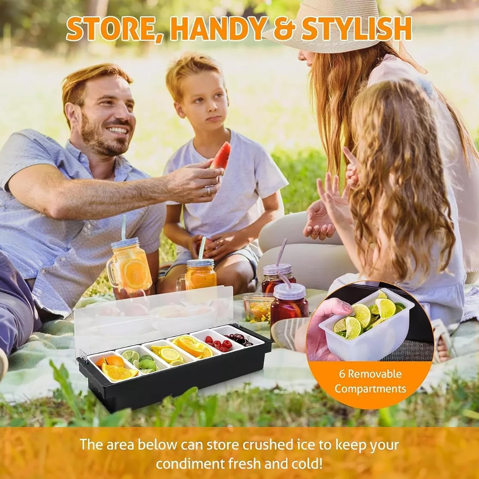 Récipient à condiments glacé avec couvercle - Plateau de service à condiments avec 6 plats amovibles pour fruits, salade, taco, légumes