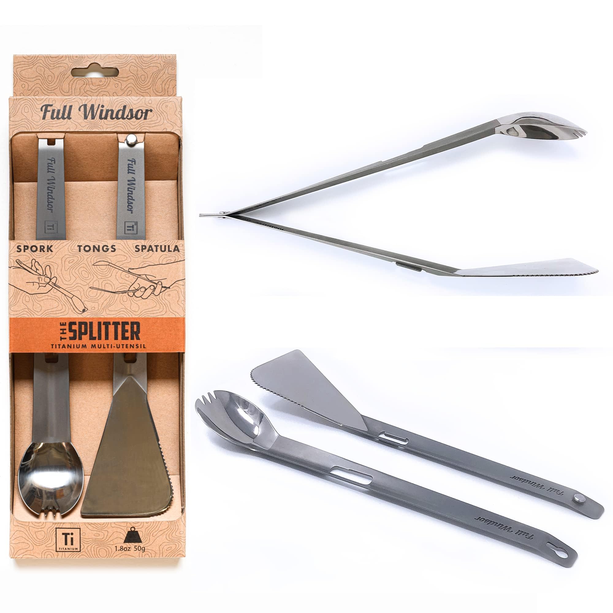 FULL WINDSOR - The Splitter Titanium Multi-Utensil Set – Compact, Lightweight Silver Spork, Tongs, Spatula & Ladle – Durable Cooking Kit for Camping, BBQ, Backpacking, Travel & Outdoor Adventures