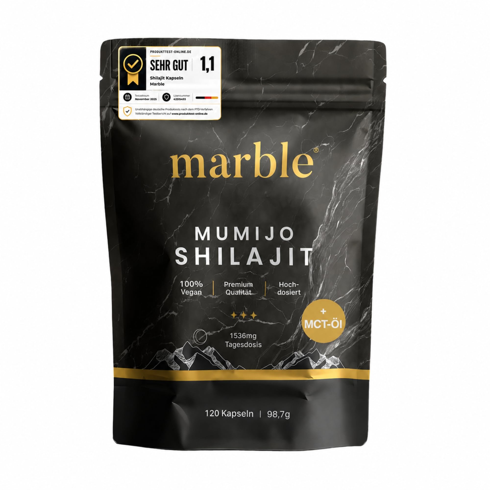 Marble® Mumijo Shilajit Kapseln Original aus dem Himalaya – mit MCT Öl – 120 Kapseln 2 Monatsvorrat – hochdosiert 1536 mg Tagesportion – vegan & laborgeprüft – 30 Tage risikofrei testen